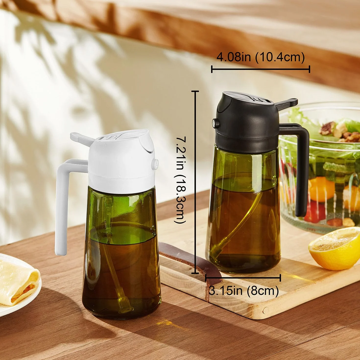 TrendPlain Butelka z dozownikiem oliwy 470 ml – Dozownik 2 w 1 i rozpylacz do gotowania, frytownicy, sałatek – Chroniąca przed światłem, z etykietami, bez BPA – Czarny & Zielony