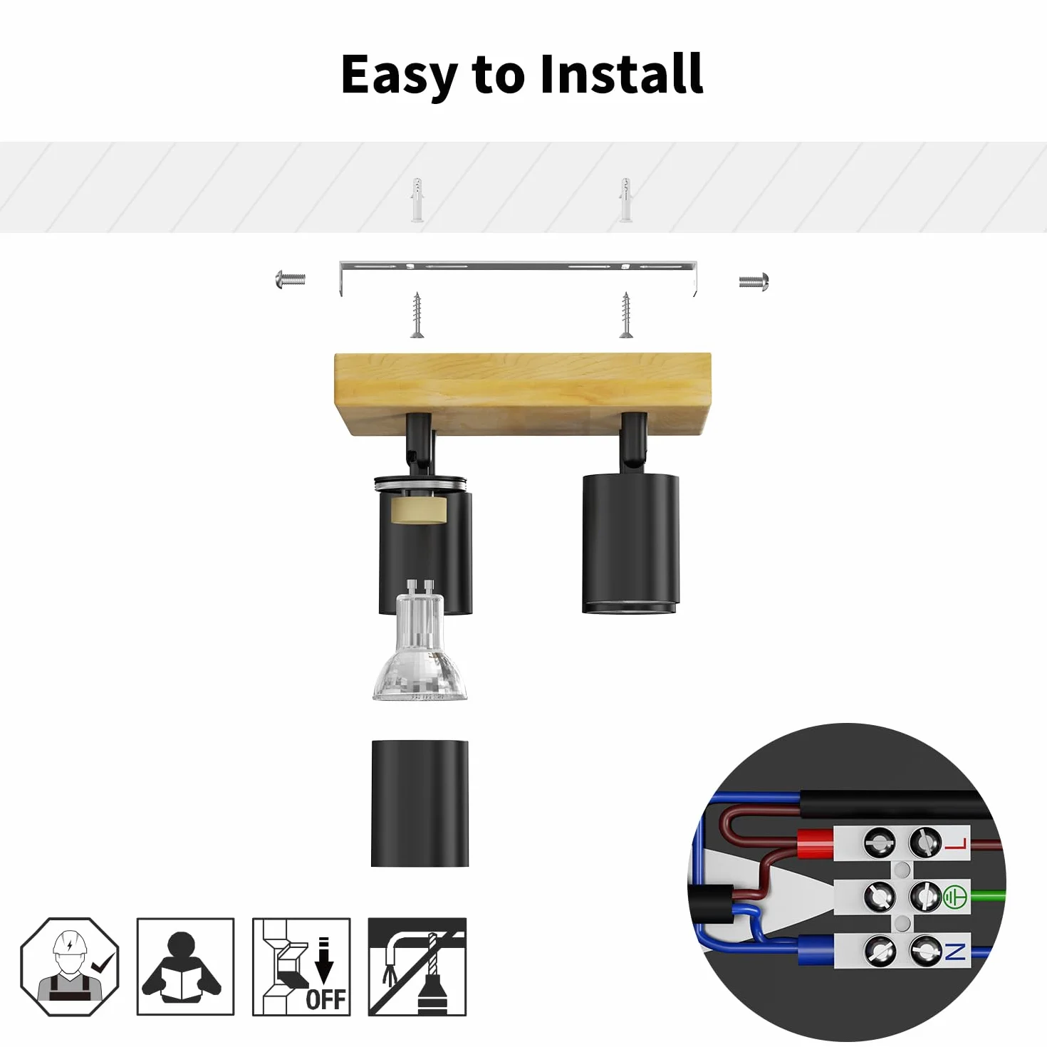 LVWIT Lampa sufitowa 4 reflektory LED GU10, czarne oświetlenie wewnętrzne, drewniana lampa sufitowa z kwadratową podstawą, reflektor sufitowy, żyrandol Led do salonu, kinkiet do sypialni (bez żarówek)