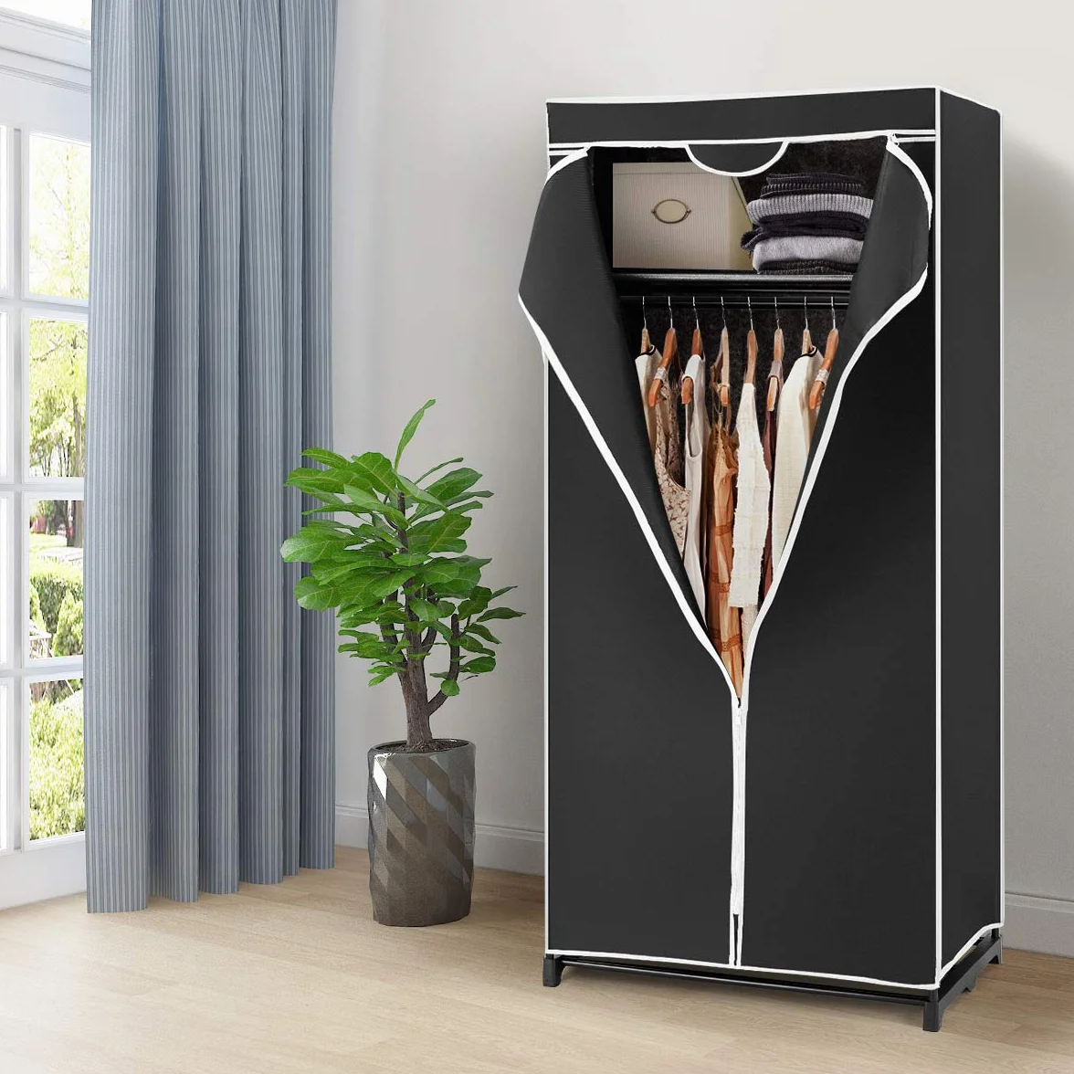 GOPLUS Szafa na ubrania, materiałowa szafa z zamkiem błyskawicznym i drążkiem na ubrania, składana szafa z materiału, do sypialni, 74 x 50 x 172 cm (czarna)