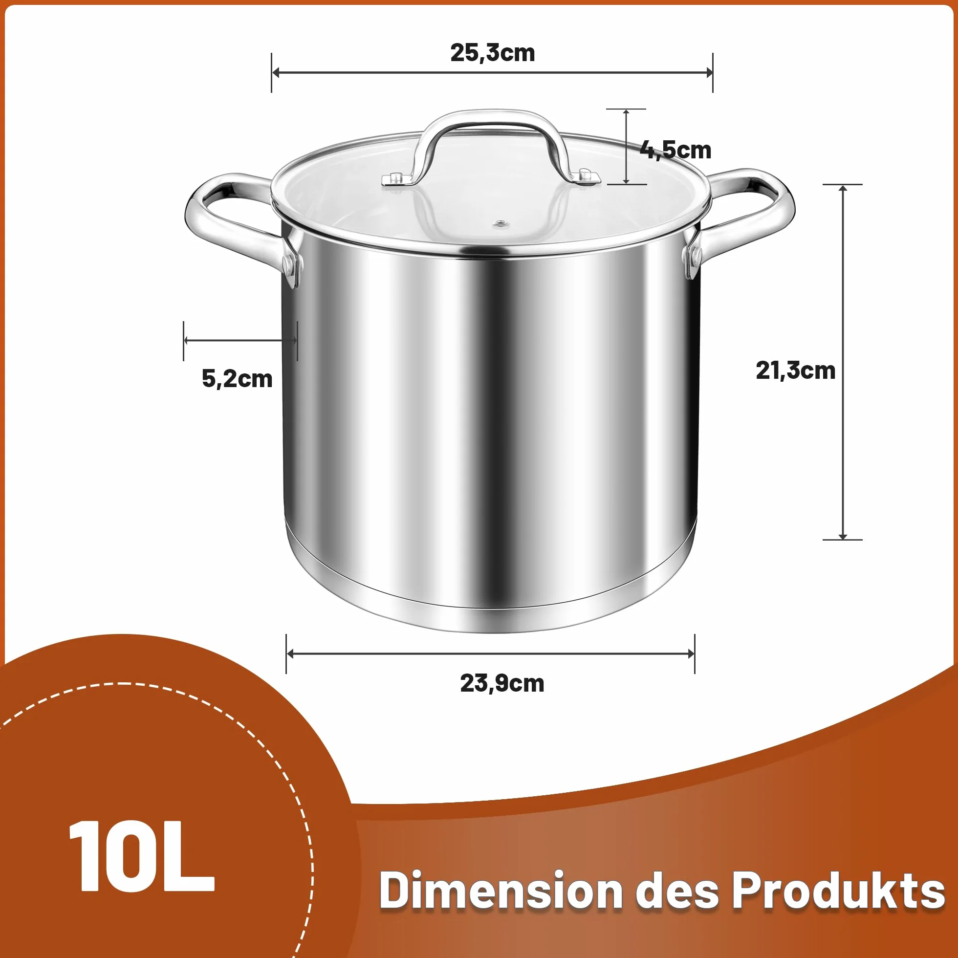 TEAMFAR Garnek do gotowania 10 l, stal nierdzewna, duży garnek do makaronu, indukcyjny z 3-warstwowym dnem, do wszystkich rodzajów kuchenek, szklana pokrywka, 24 cm, garnek do gotowania, niepowlekany