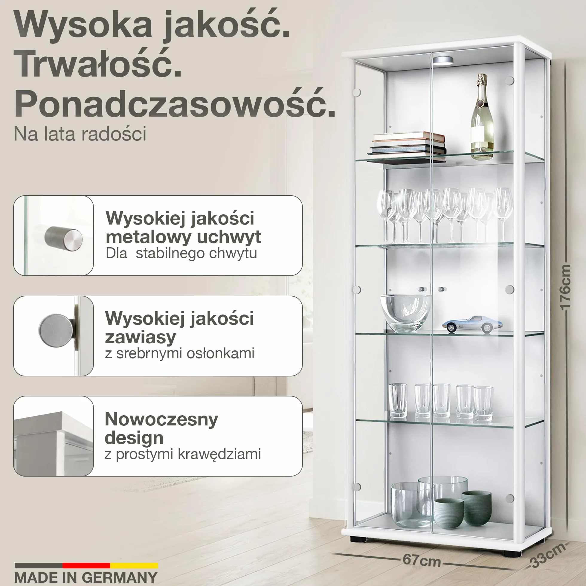 witryna szklana w kolorze białym (176x67x33 cm) z 4 regulowanymi półkami szklanymi i LED - gablota na modele samochodów biała - szafka gablota biała - witryna kolekcjonerska - szafka do salonu