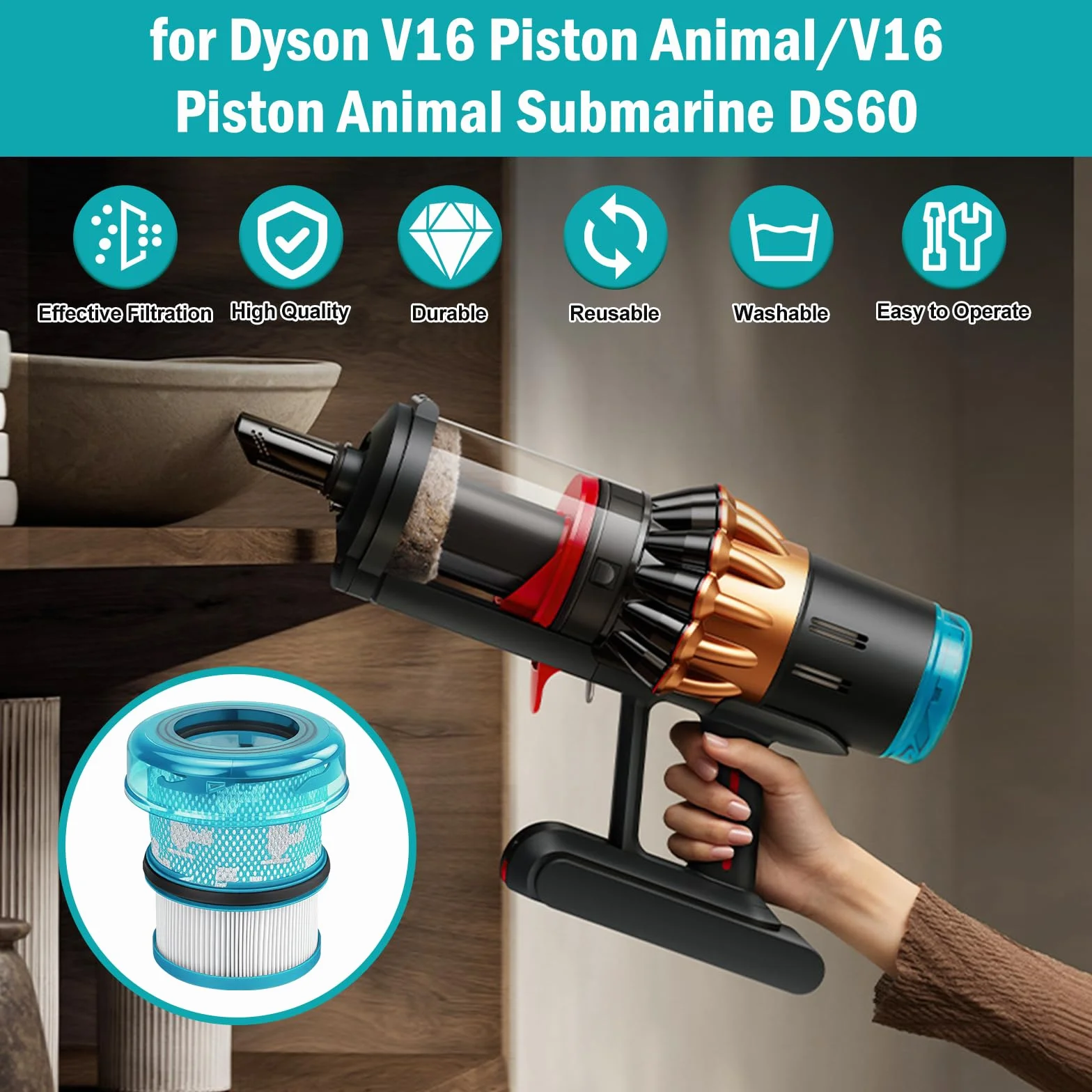 Zmywalne filtry zamienne do Dyson V16 Piston Animal / V16 Piston Animal Submarine DS60 Wet Dry Vacuum - wysoka wydajność filtracji, 1 filtr HEPA, 1 szczotka do czyszczenia