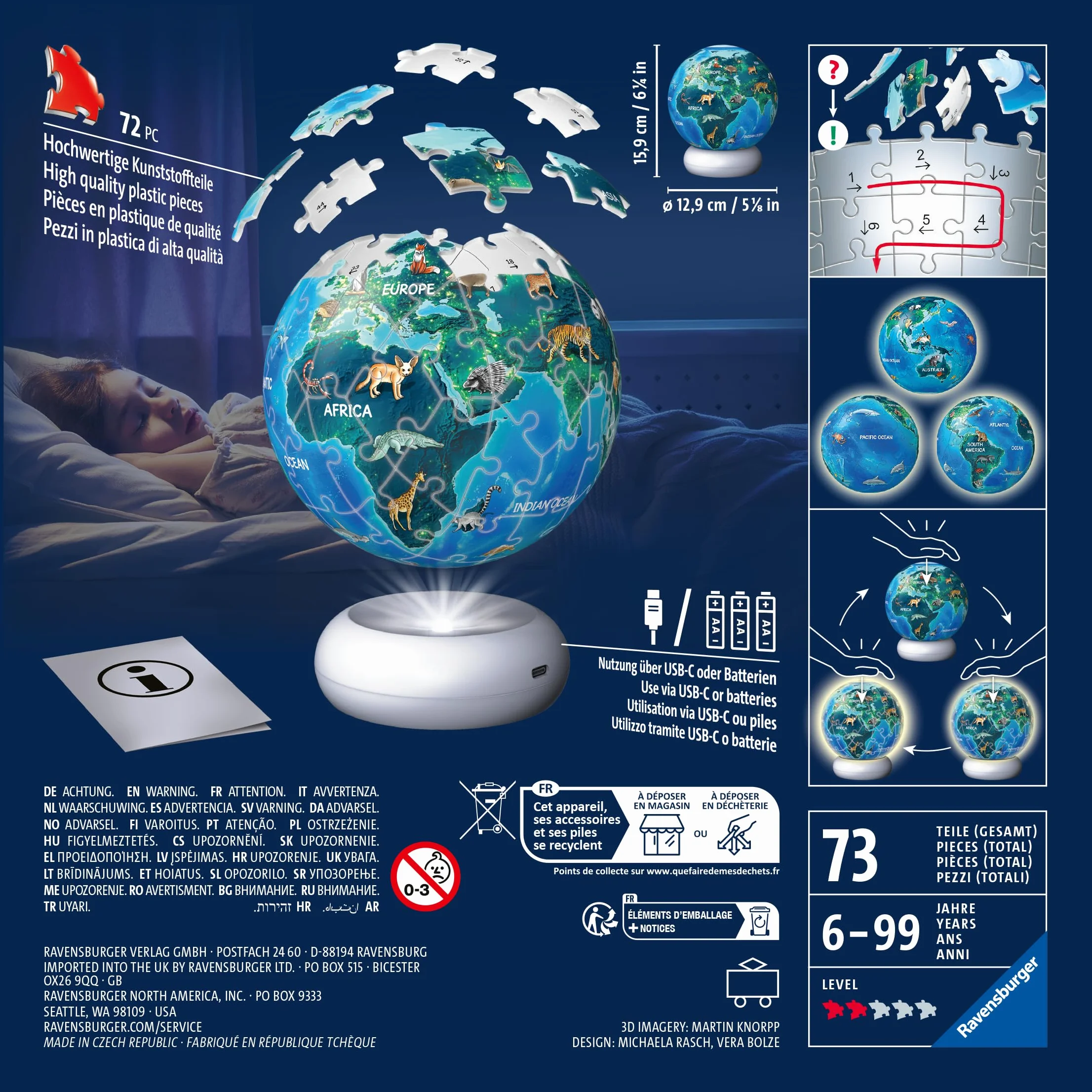 3D Puzzle-Ball Nachtlicht Erde mit Tiermotiven: Erleben Sie Puzzeln in der 3. Dimension!