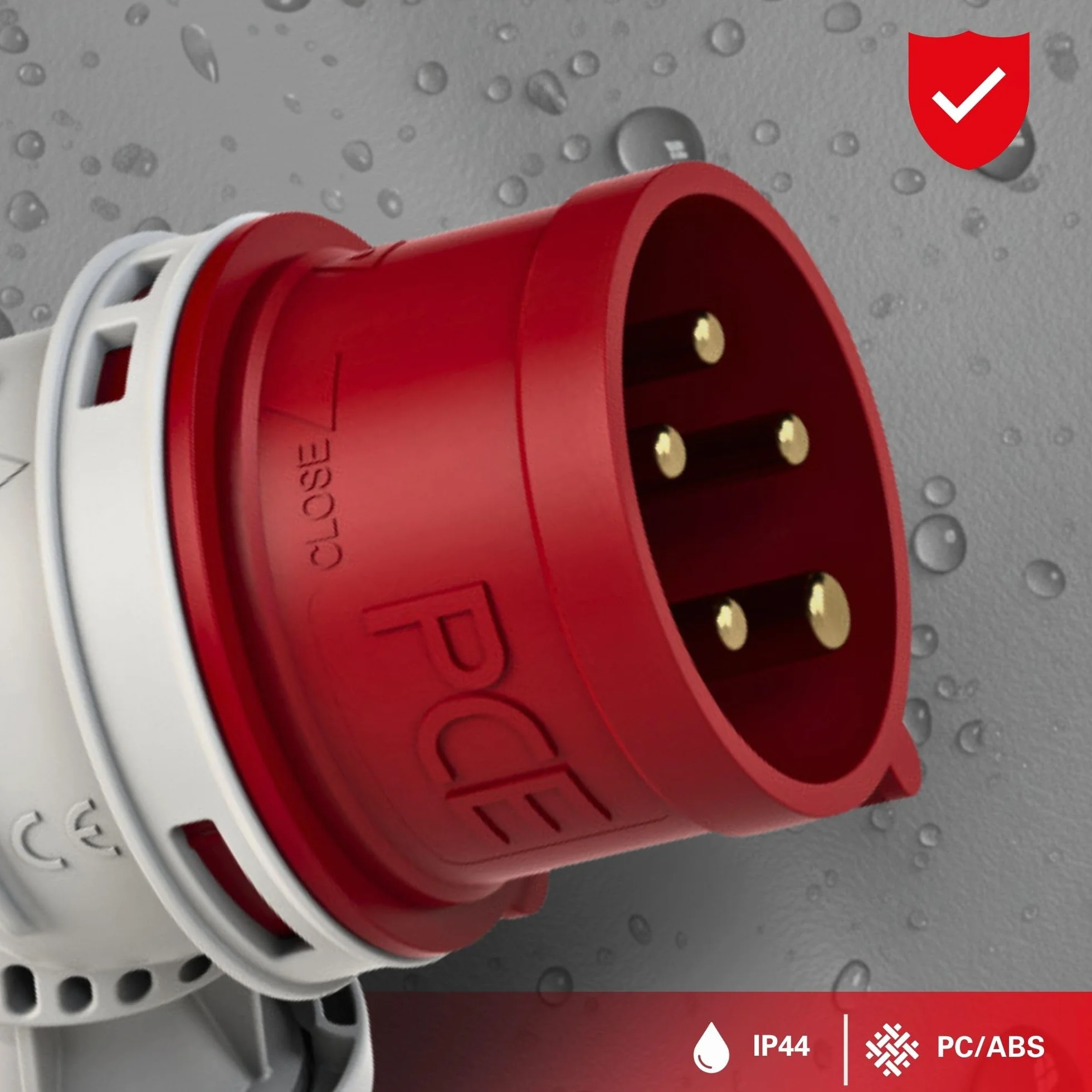 PCE 8025-6 wtyczka kątowa CEE, 32 A, 5-biegunowa, 6 h, IP44, Twist, czerwona, 400 V, kątowa wtyczka przemysłowa CEE, ochrona przed rozbryzgami wody, wtyczka CEE do warsztatu, generatora i przyczepy
