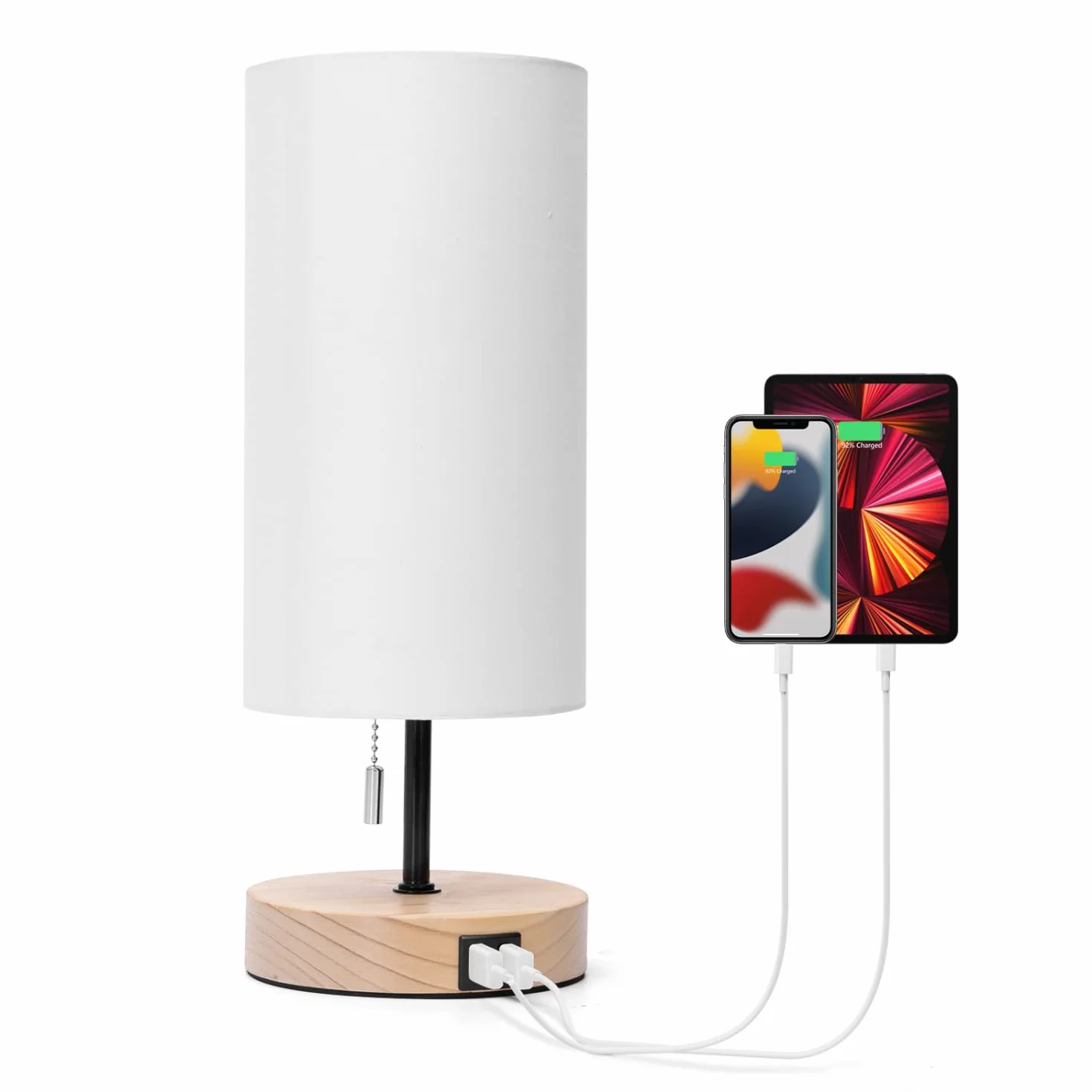Lampa stołowa Aigostar z 2 portami ładowania USB, lampka nocna z włącznikiem pociąganym, drewniana podstawa, zabytkowa lampa biurkowa do salonu, sypialni, biura
