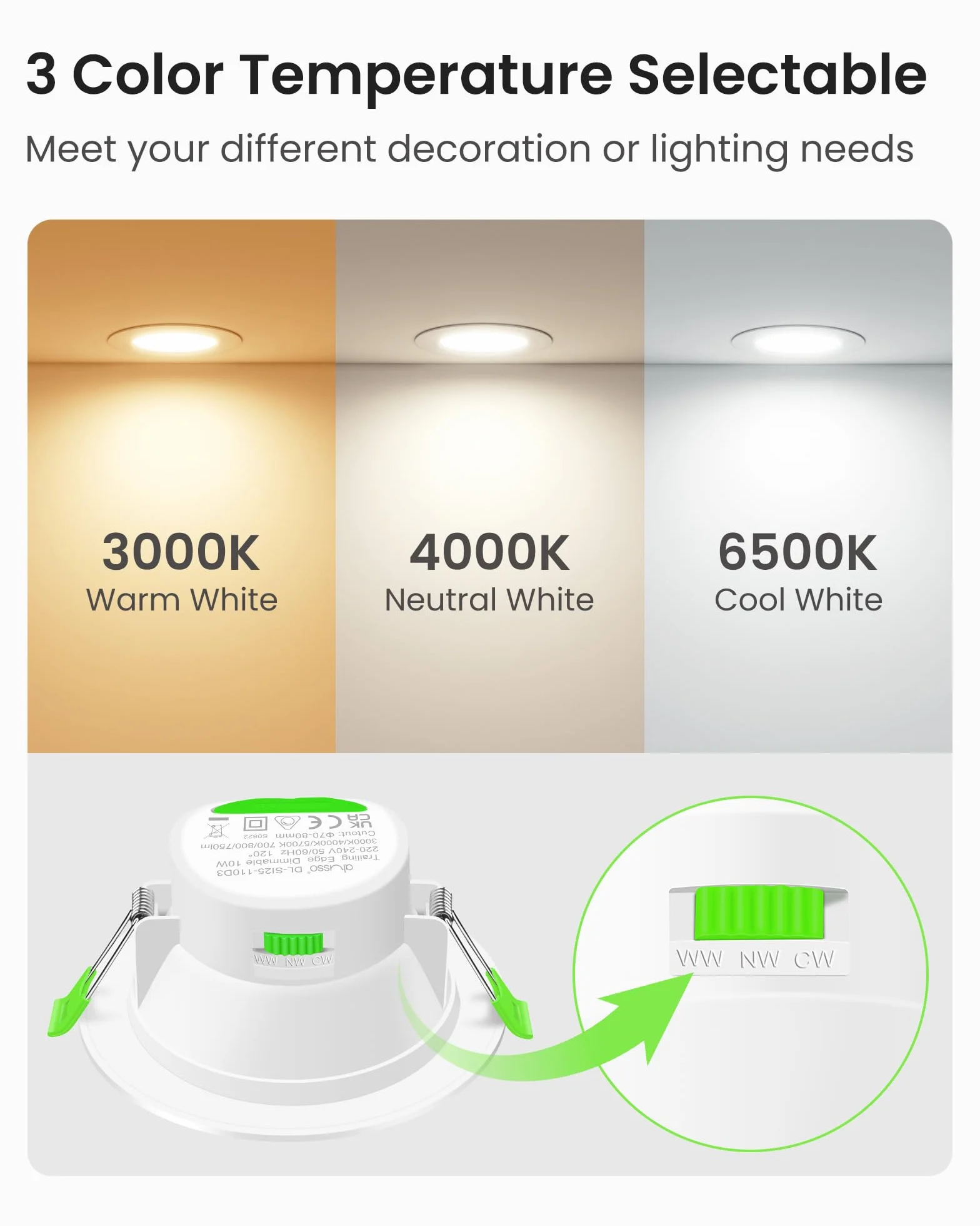 ALUSSO Wodoodporny IP65 Wbudowany Ściemniany Punkt LED 230V 10W 800lm Oświetlenie Sufitowe 3000K 4000K 5700K Regulowany Wbudowany Reflektor do Łazienki i Salonu, Opakowanie 6szt., Okrągły, Biały