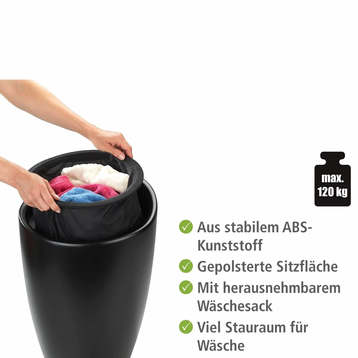 Wenko taboret łazienkowy Candy czarny matowy, taboret z miejscem do przechowywania do łazienki i salonu, zintegrowany pojemnik na pranie, tworzywo sztuczne ABS, pojemność 20 l, Ø 36 x 50,5 cm