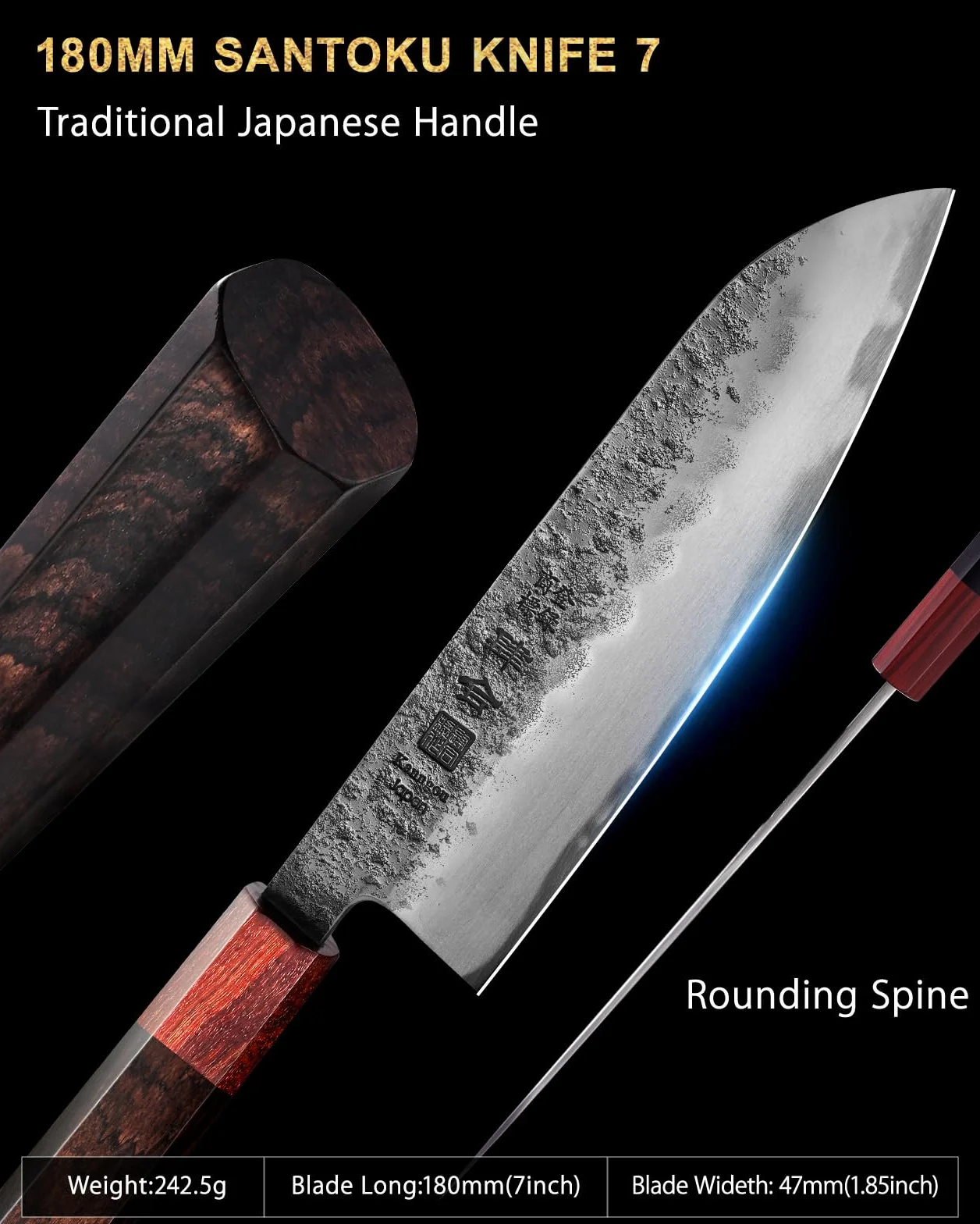 kanngou Santoku japoński nóż szefa kuchni, 18 cm, bardzo ostry nóż kuchenny ze stali AUS-8, z uchwytem z drewna hebanowego i czerwonego drewna oraz pudełkiem na prezent