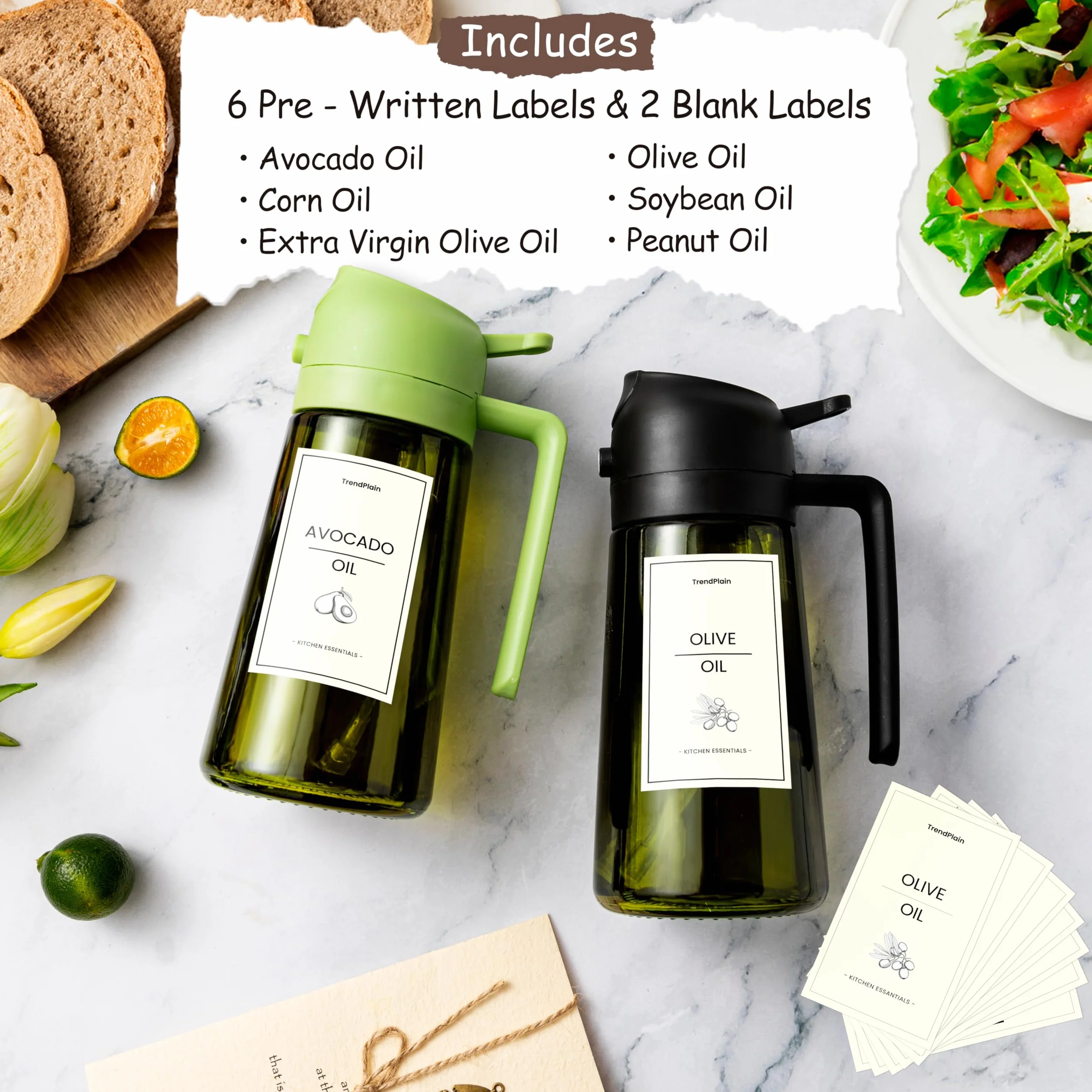 TrendPlain Butelka z dozownikiem oliwy 470 ml – Dozownik 2 w 1 i rozpylacz do gotowania, frytownicy, sałatek – Chroniąca przed światłem, z etykietami, bez BPA – Czarny & Zielony
