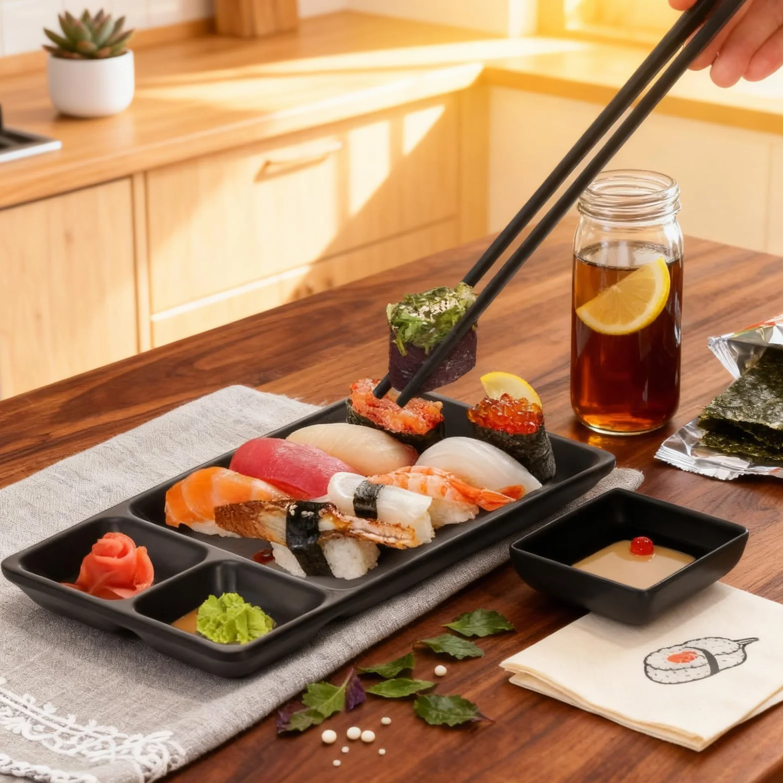 YAYODS 16-częściowy zestaw japońskich sushi czarny - japońskie naczynia z melaminy zawiera 4 pałeczki do sushi, 4 talerze do sushi (22 x 12,5 x 2,1 cm), 4 miseczki do dipów, 4 uchwyty na pałeczki