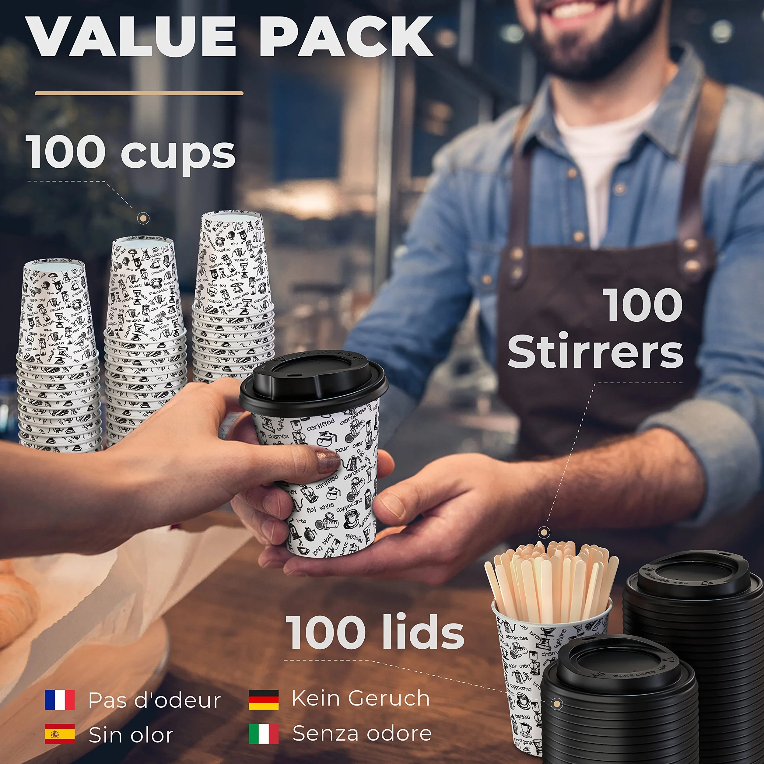 CupCup 100 Papierowych Kubków 240 ml, z Pokrywką i Drewnianymi Pałeczkami do Mieszania – Jednorazowy Kubek do Kawy, Herbaty, Gorących i Zimnych Napojów