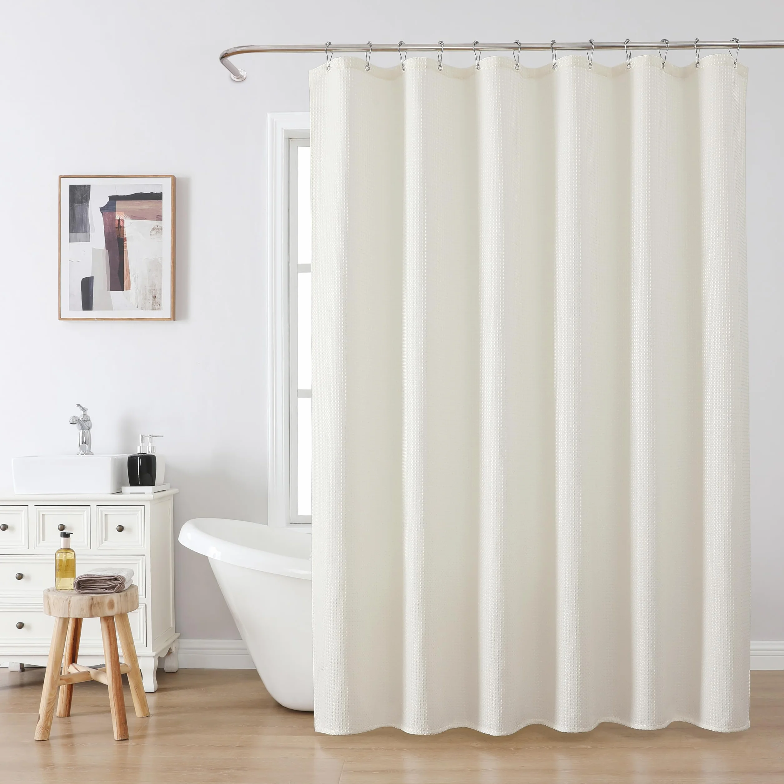 Zasłona Prysznicowa do Łazienki z Metalowymi Haczykami Zasłona Prysznicowa z Tkaniny Waflowej Wytrzymała Zasłona Wanny do Kabiny Prysznicowej Wanna - 182 x 182cm (Krem)