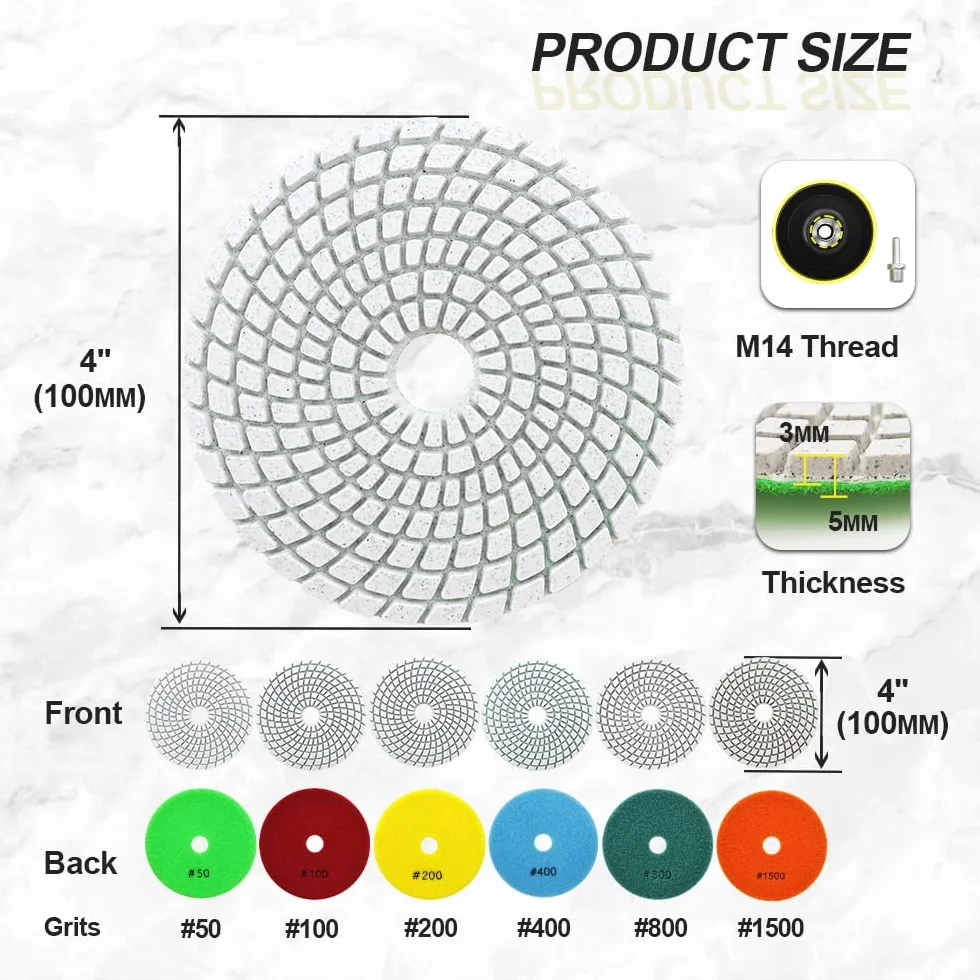 Diamentowe tarcze polerskie na mokro - diamentowe podkładki polerskie 6 sztuk 100 mm ziarnistość 50/100/200/400/800/1500 z talerzem podporowym M14 + adapter do granitu, marmuru, sztucznego