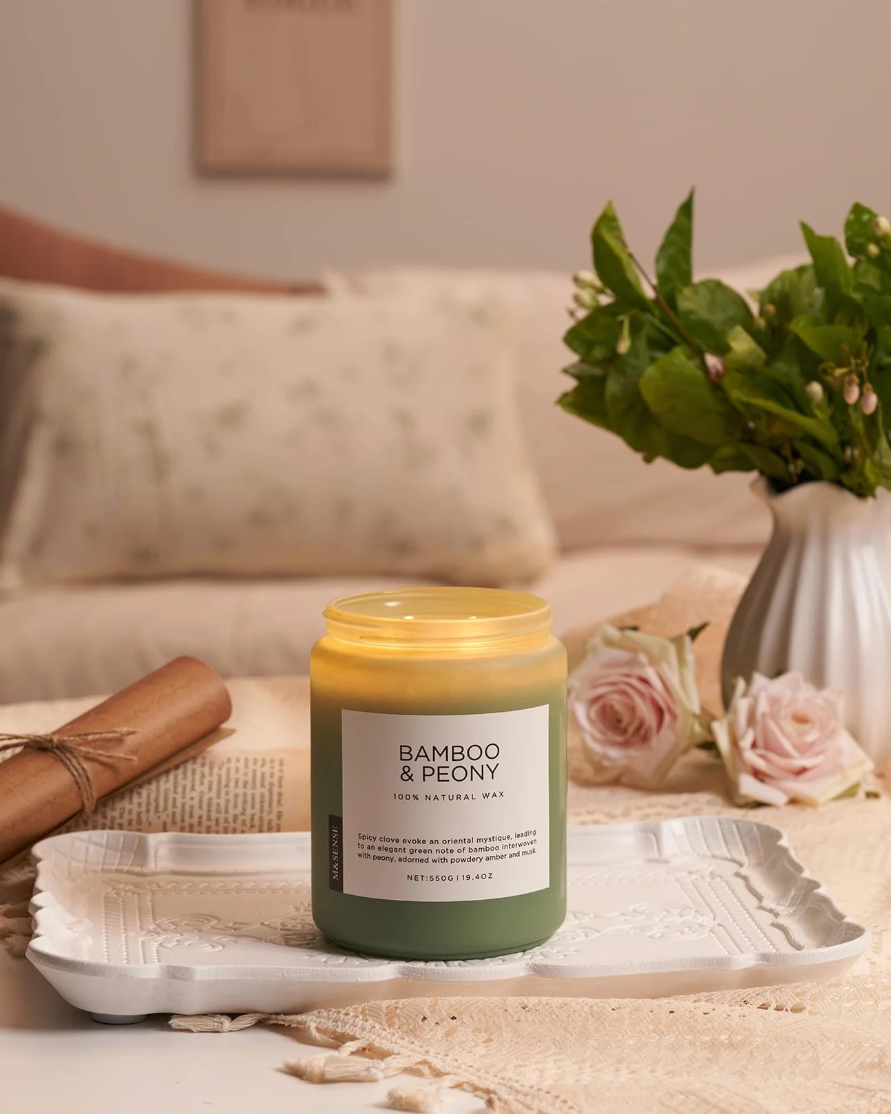 M&SENSE Bambus & Piwonia – Duża Świeca Sojowa (550g, 110h) | Wiosenny, Orzeźwiający Zapach | Naturalna, 2-Knotowa | Idealna na Prezent dla Niej i Relaksującą Aromaterapię