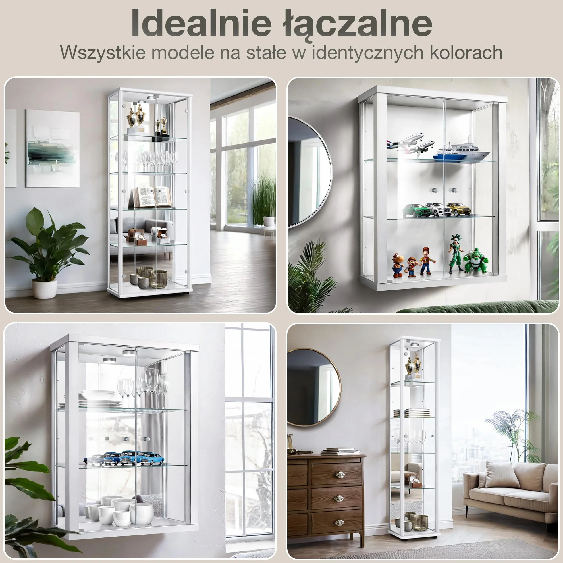 witryna szklana w kolorze białym (176x67x33 cm) z 4 regulowanymi półkami szklanymi i LED - gablota na modele samochodów biała - szafka gablota biała - witryna kolekcjonerska - szafka do salonu