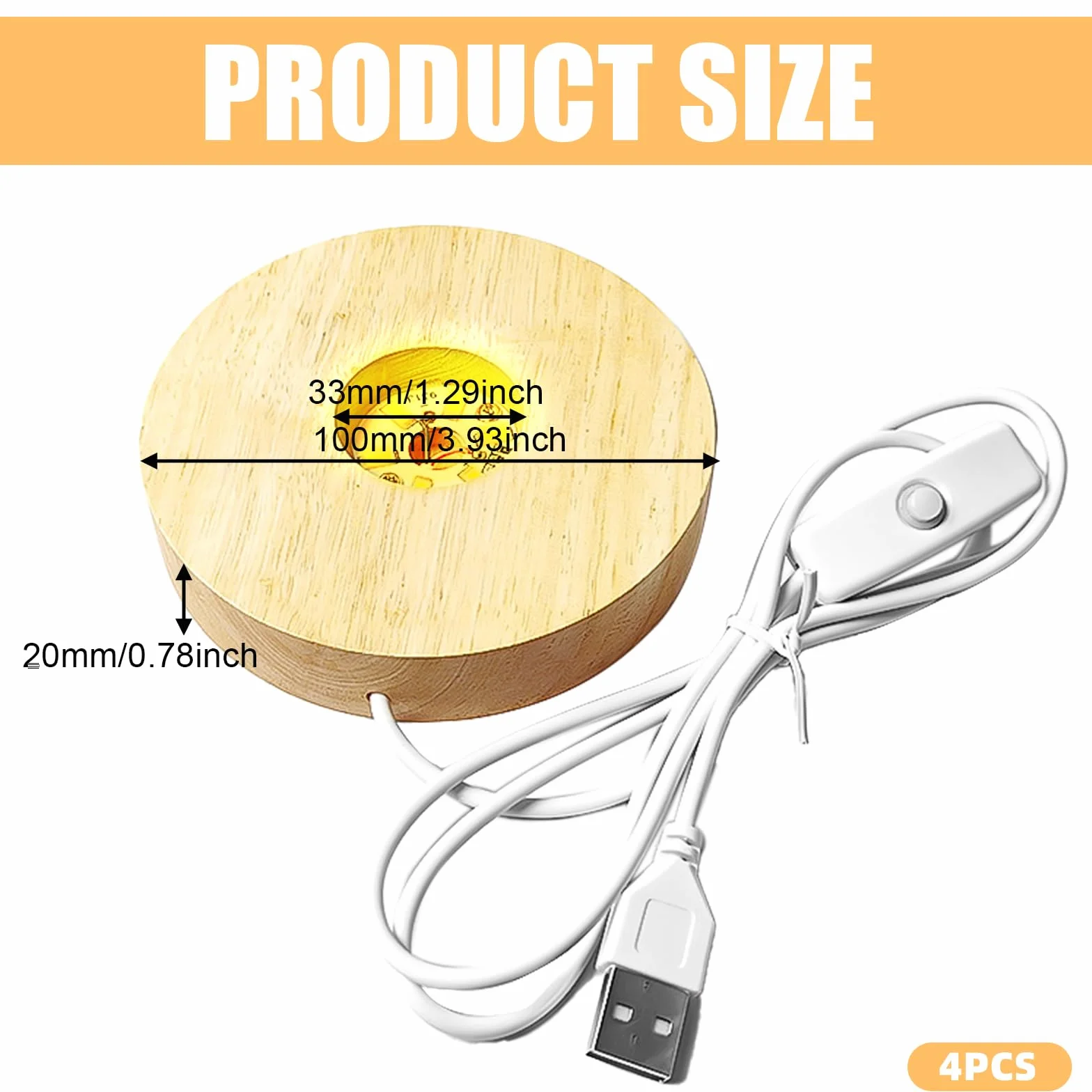 GOMETY Drewniana podstawa świetlna LED, USB LED do szkła akrylowego, ciepły kolor, drewniana podstawa LED, kwadratowa/okrągła, podstawa wyświetlacza do soczewek kryształowych, szkła, akrylu,