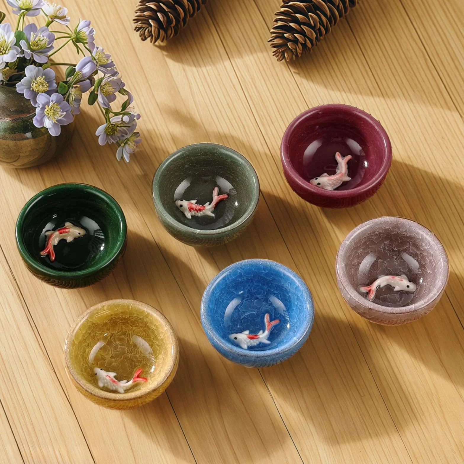 Zestaw 6 koreańskich kieliszków do likieru Soju ceramiczne ryby koi, wykończenie cracklé, małe porcelanowe kubki do herbaty do domu, restauracji, idealne do herbaty, soju, sosów
