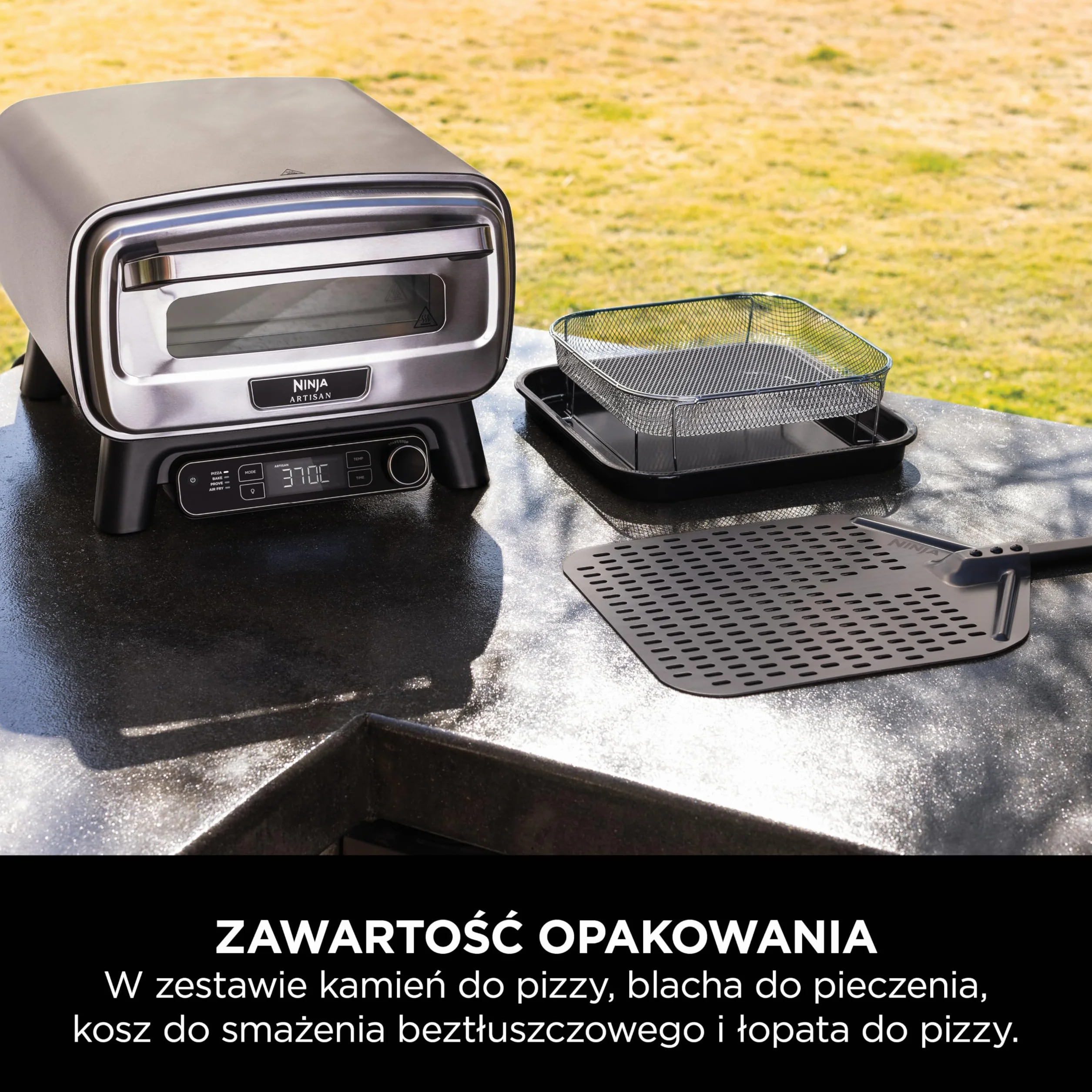 Ninja Artisan Elektryczny piec do pizzy i frytkownica, 4 funkcje: Pizza, Smażenie beztłuszczowe, Wypieki i Garowanie ciasta, 5 ustawień pizzy, kamień 30 cm, łopatka, blacha, kosz, szary MO201EU