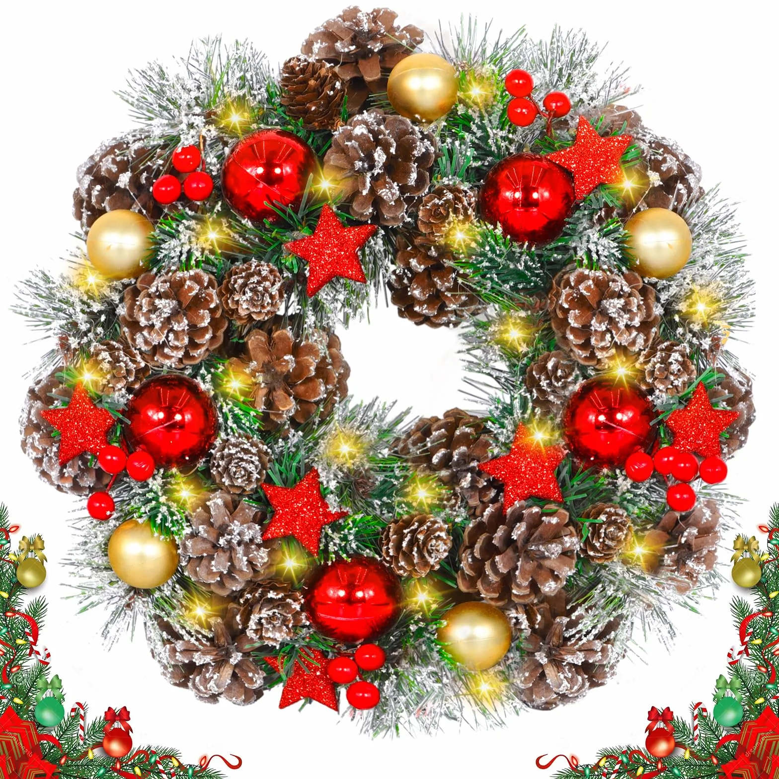 Wieniec bożonarodzeniowy LED 30 cm – wieniec na drzwi wejściowe, kominek i na zewnątrz – Christmas Wreath z oświetleniem