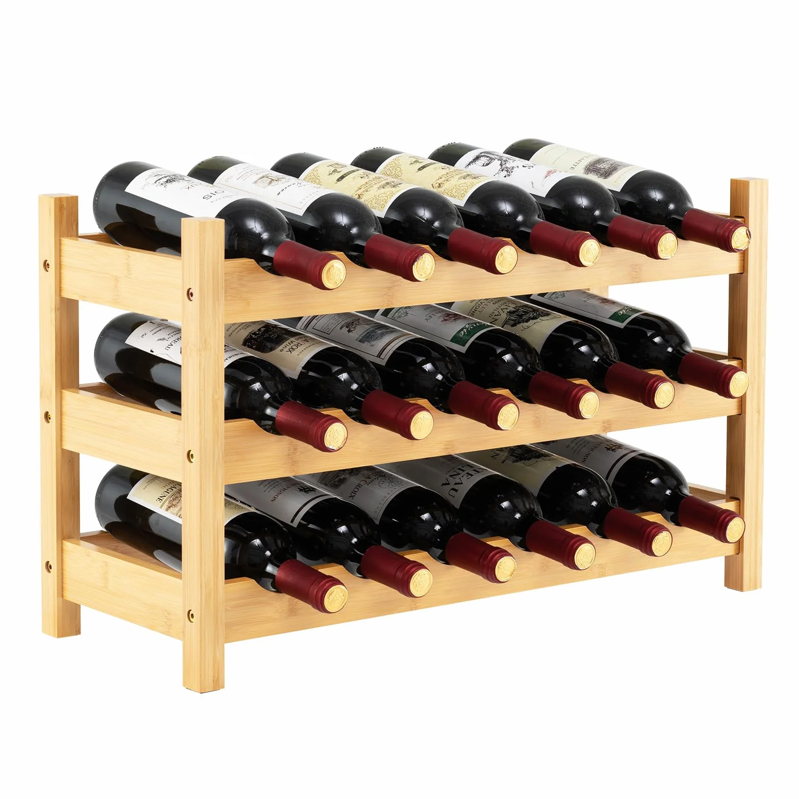 COSTWAY Regał na wino na 18 butelek, półka na butelki z 3 półkami, uchwyt na butelki z bambusa do spiżarni, kuchni, baru, jadalni, drewniany uchwyt na butelki, 62 x 24 x 38 cm, naturalny