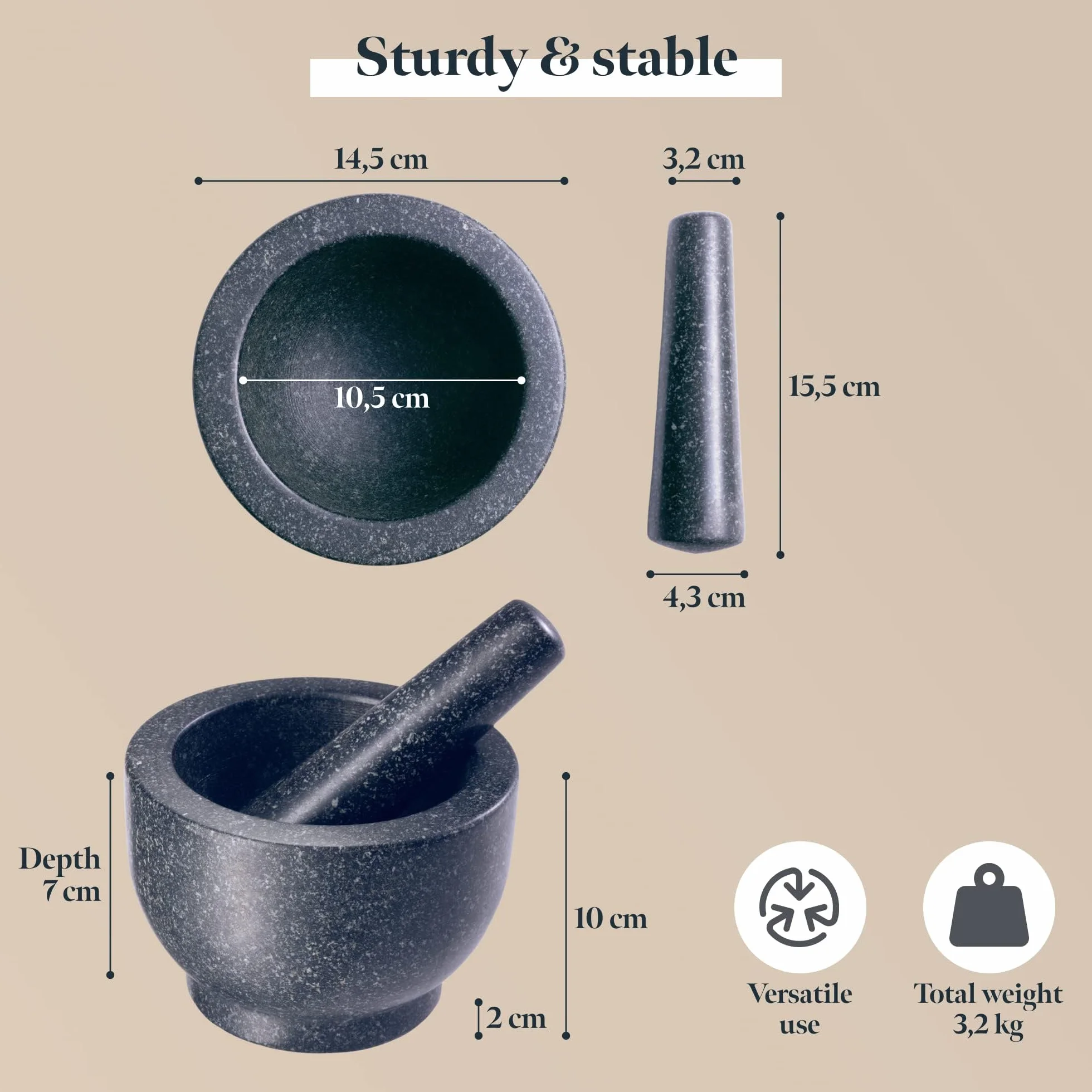 Moździerz i Tłuczek Granitowy 7cm Głęboki Duży Zestaw