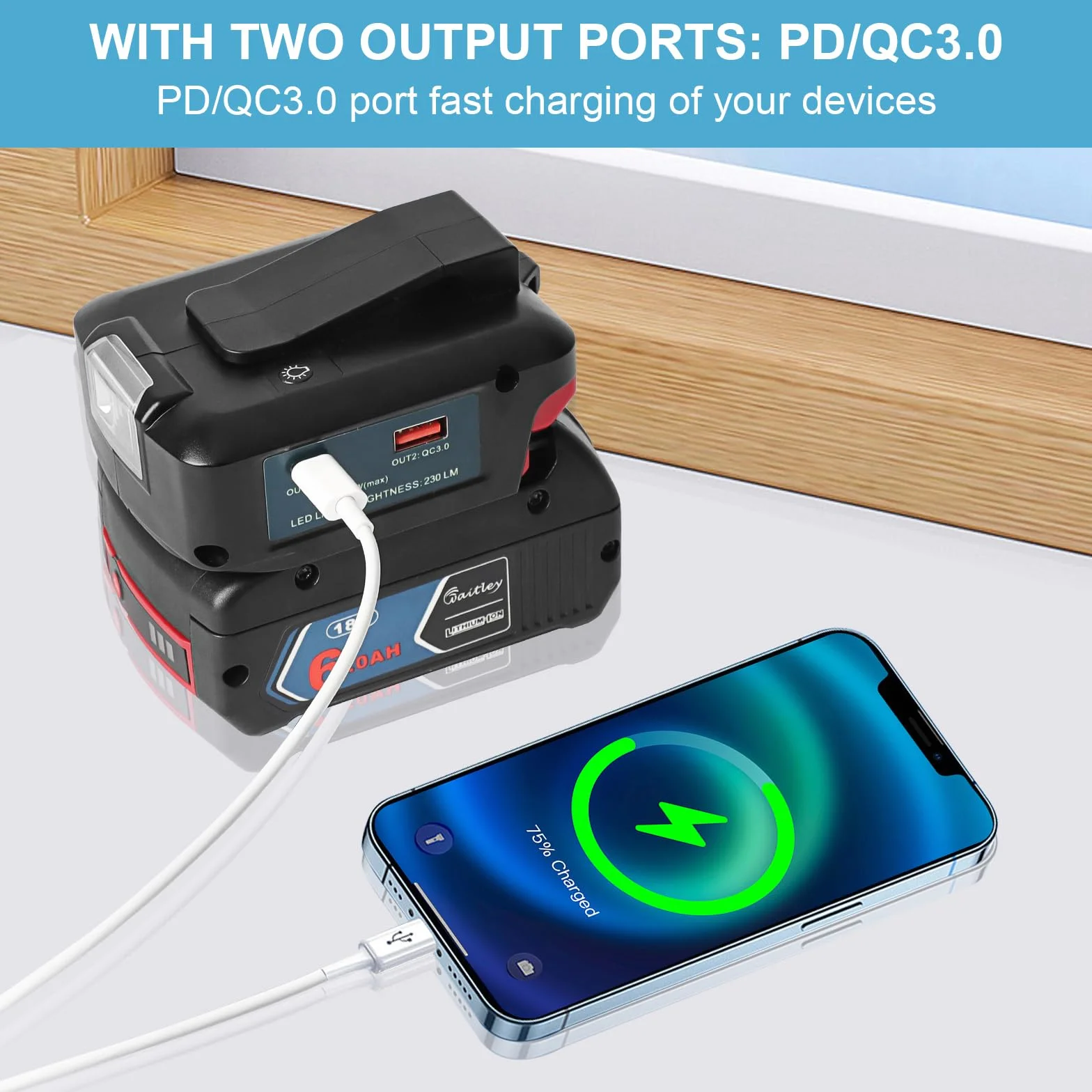 Adapter ładowarki USB QUPERR do profesjonalnych akumulatorów Bosch 18 V z portem DC 12 V i dwoma portami USB oraz lampą roboczą LED i klipsem do paska (akumulator nie wchodzi w skład zestawu)