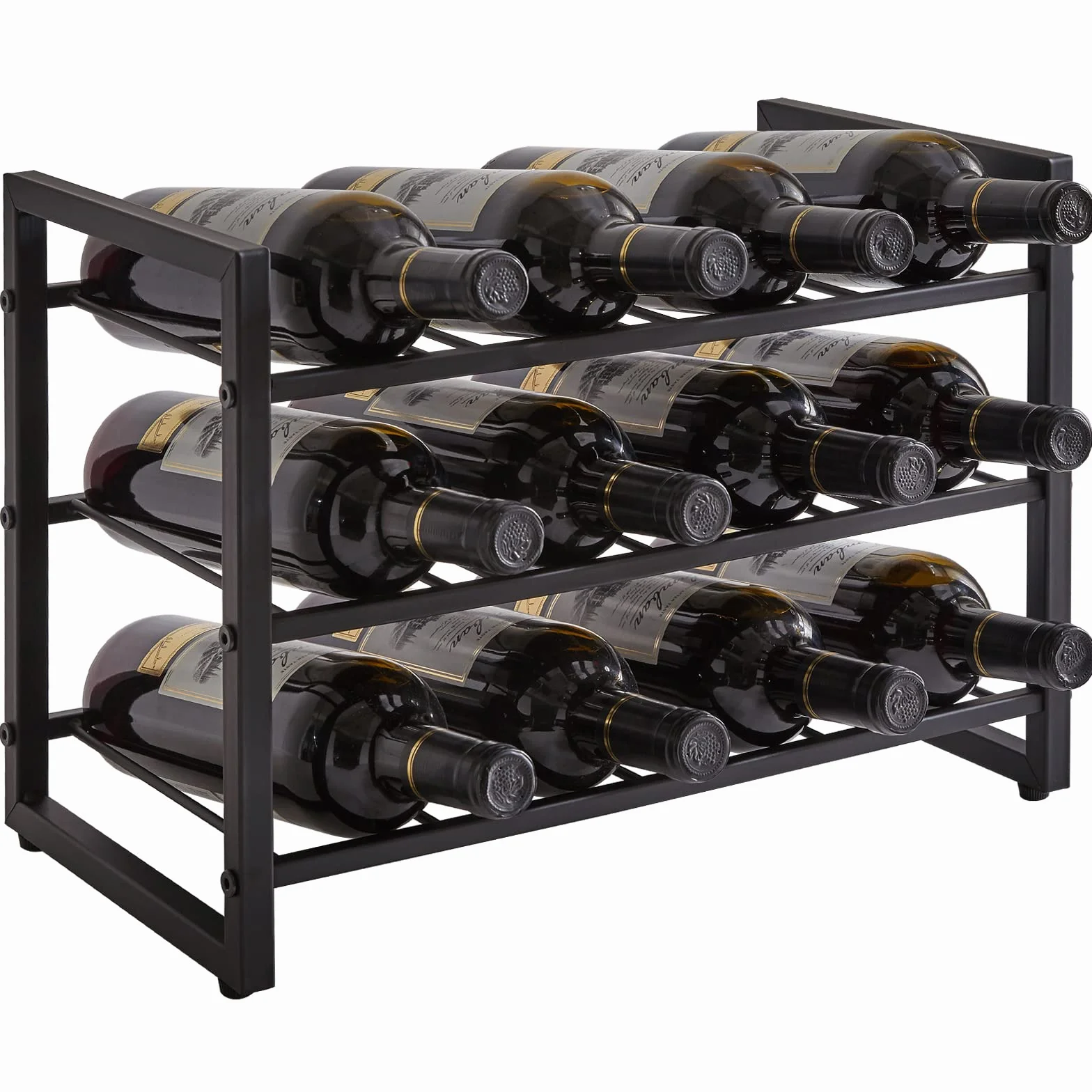 IBUYKE Metalowy stojak na wino, 12 butelek do układania w stos, uchwyty na butelki alkoholu, 3-poziomowe, wkładki do szafki, blatu, spiżarni, baru, mała przestrzeń, stalowy organizer na butelki wina