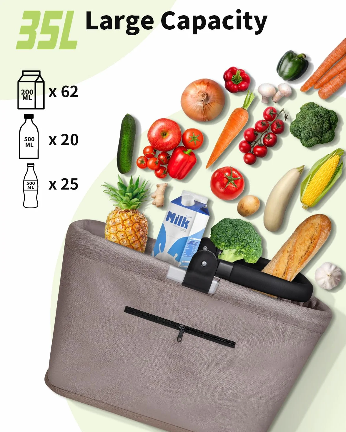 Składany Kosz na Zakupy 35L z Aluminiowym Uchwytem Khaki