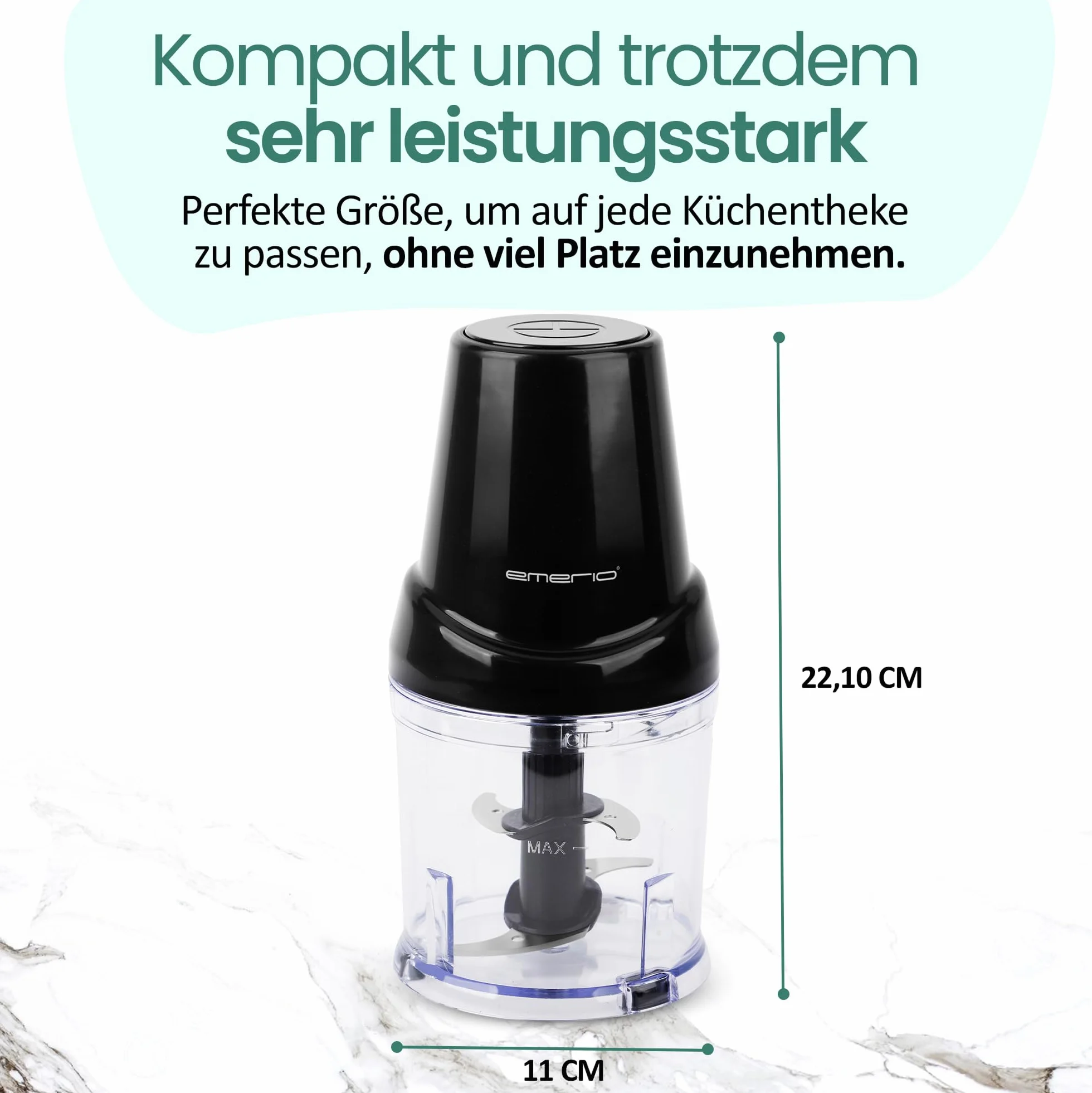 EMERIO Rozdrabniacz o pojemności 500 ml, mocny silnik 400 W, silnik DC, elektryczny rozdrabniacz, 4 ostrza ze stali nierdzewnej do rozdrabniania np. mięsa, cebuli, owoców, warzyw