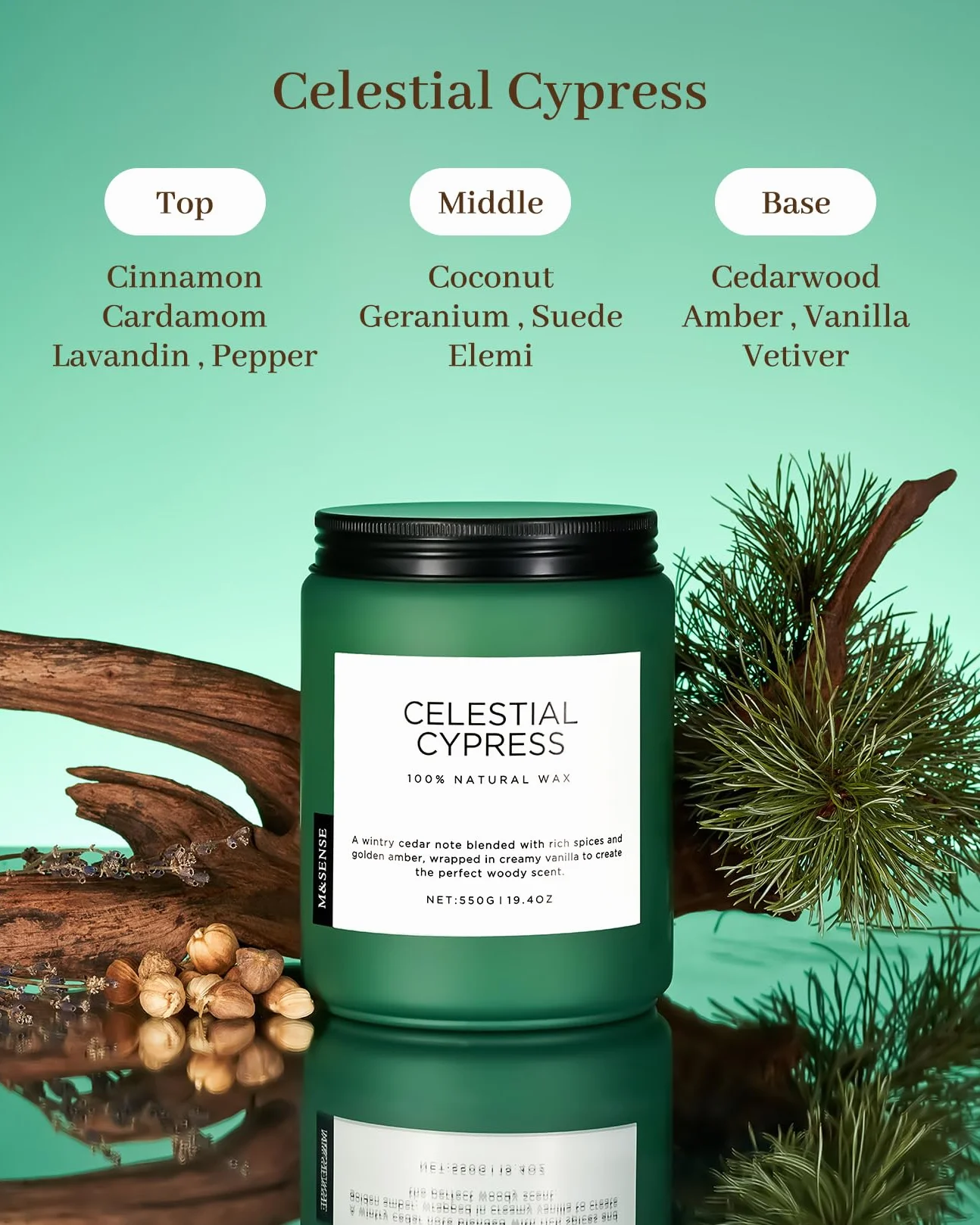 Świeca Sojowa Cedr-Kardamon 550g 110h 2 Knoty Naturalna Długotrwała