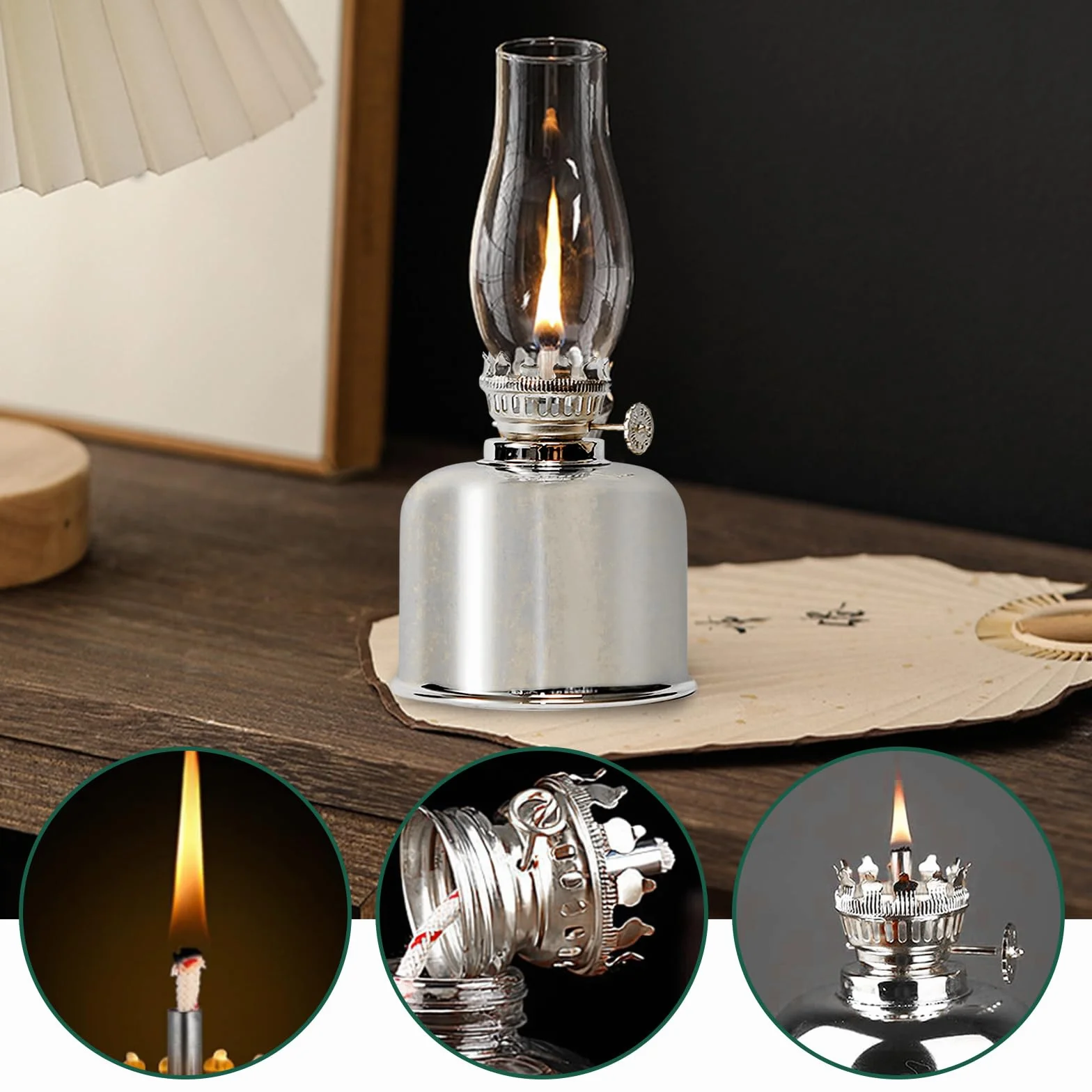 Lampa naftowa do wnętrz, metalowo-szklana, do wnętrz, wiatroszczelna, retro, regulowana jasność, do użytku w nagłych wypadkach, do ogrodu, jadalni, srebrna