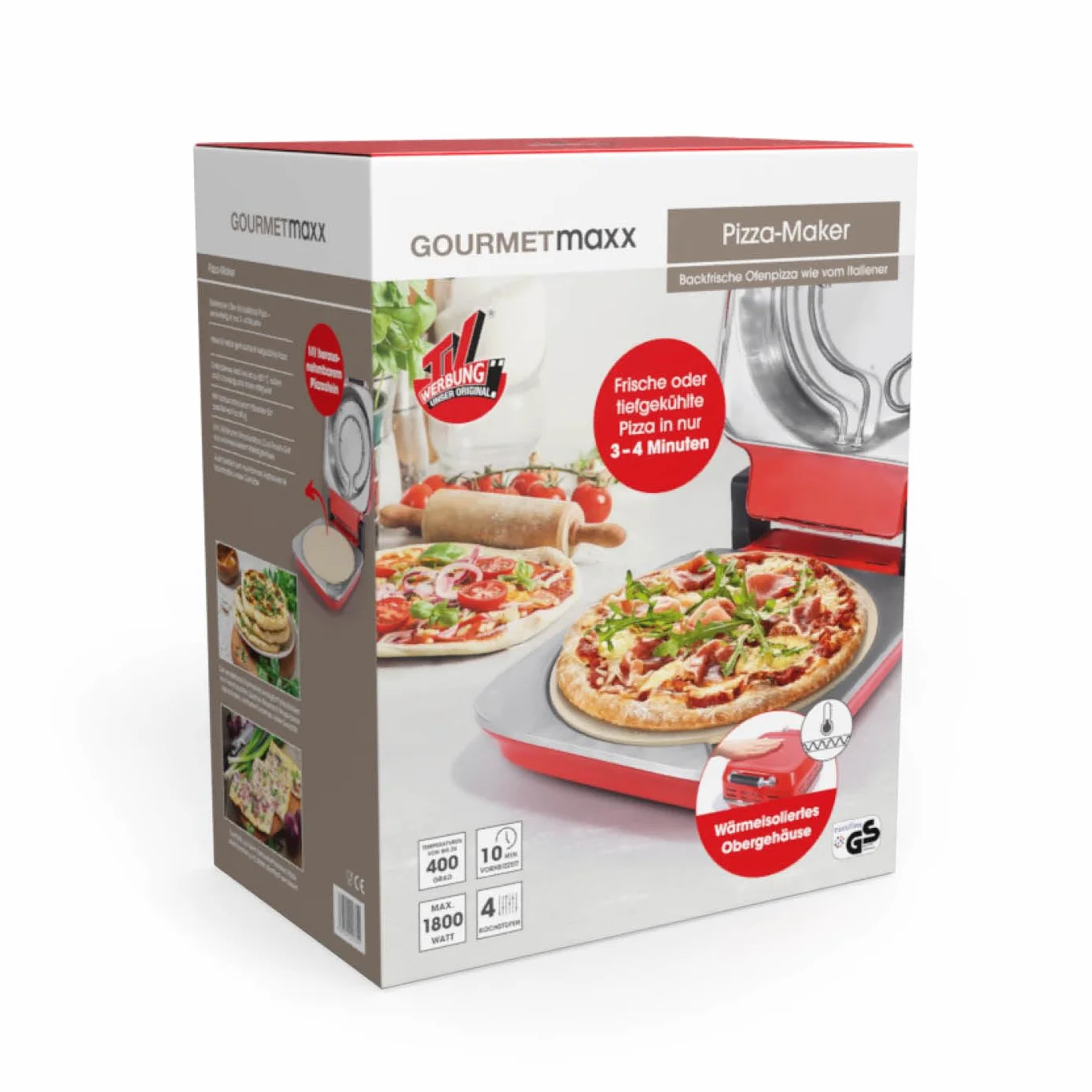 GOURMETmaxx Elektryczny piec do pizzy z kamieniem do pizzy | urządzenie do pizzy o mocy 1800 W i funkcji timera | średnica 30 cm idealnie nadaje się również do ciast z płomieniem, wrapów lub