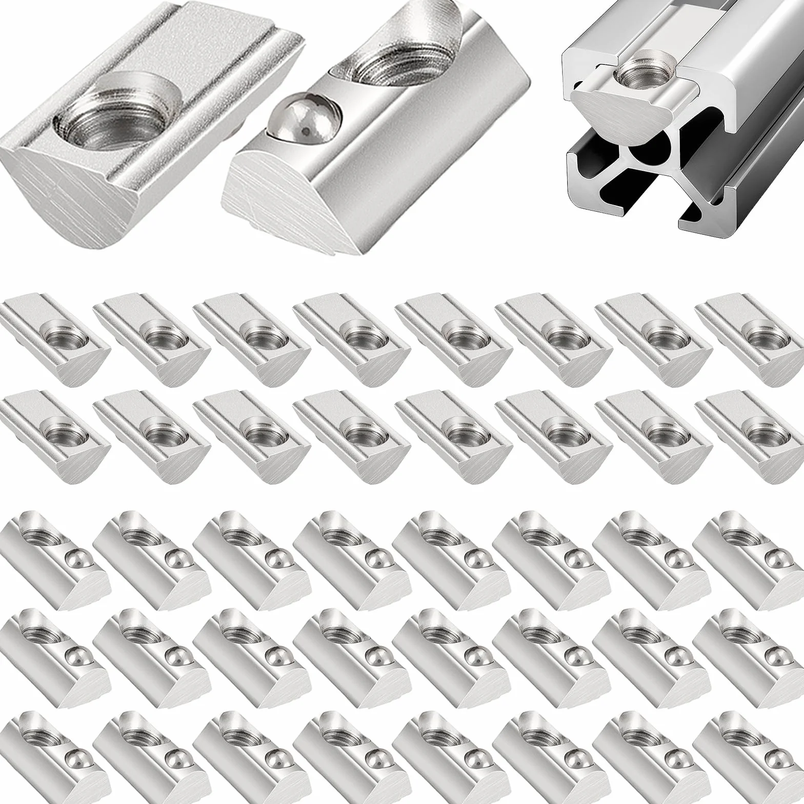 40 sztuk nakrętek kulkowych M3 Nut 6 z centralizacją kulką, nakrętki T-Nut 20-seria M3 profilowe aluminiowe 20x20 ze stali węglowej z kulką sprężynową do profilu aluminiowego 3D drukarki, CNC