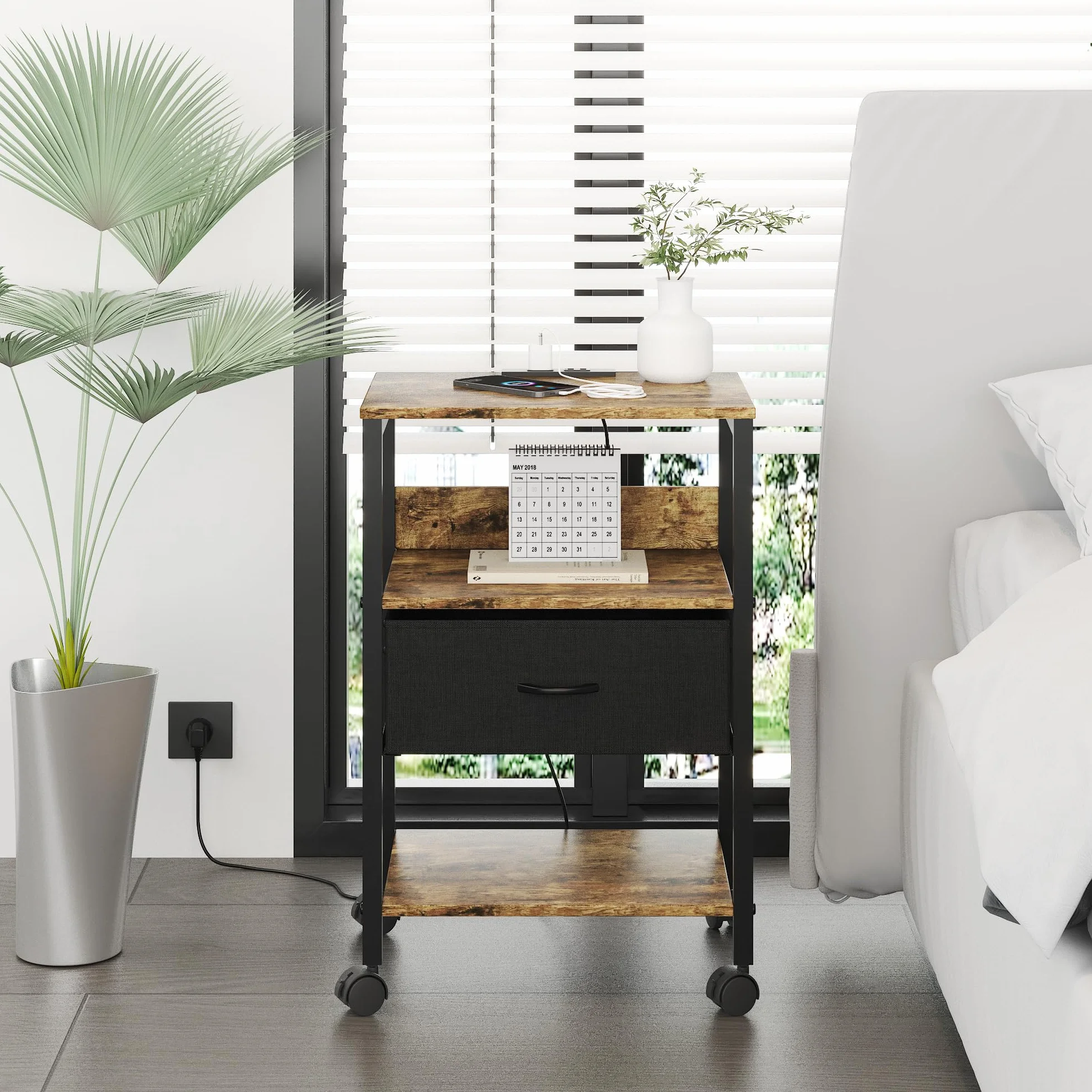 Lutown-Teen Stolik nocny z szufladą i stacją ładującą, 2 gniazda AC i 2 porty USB, stoliki pomocnicze na kółkach, do salonu, sypialni, brązowy vintage