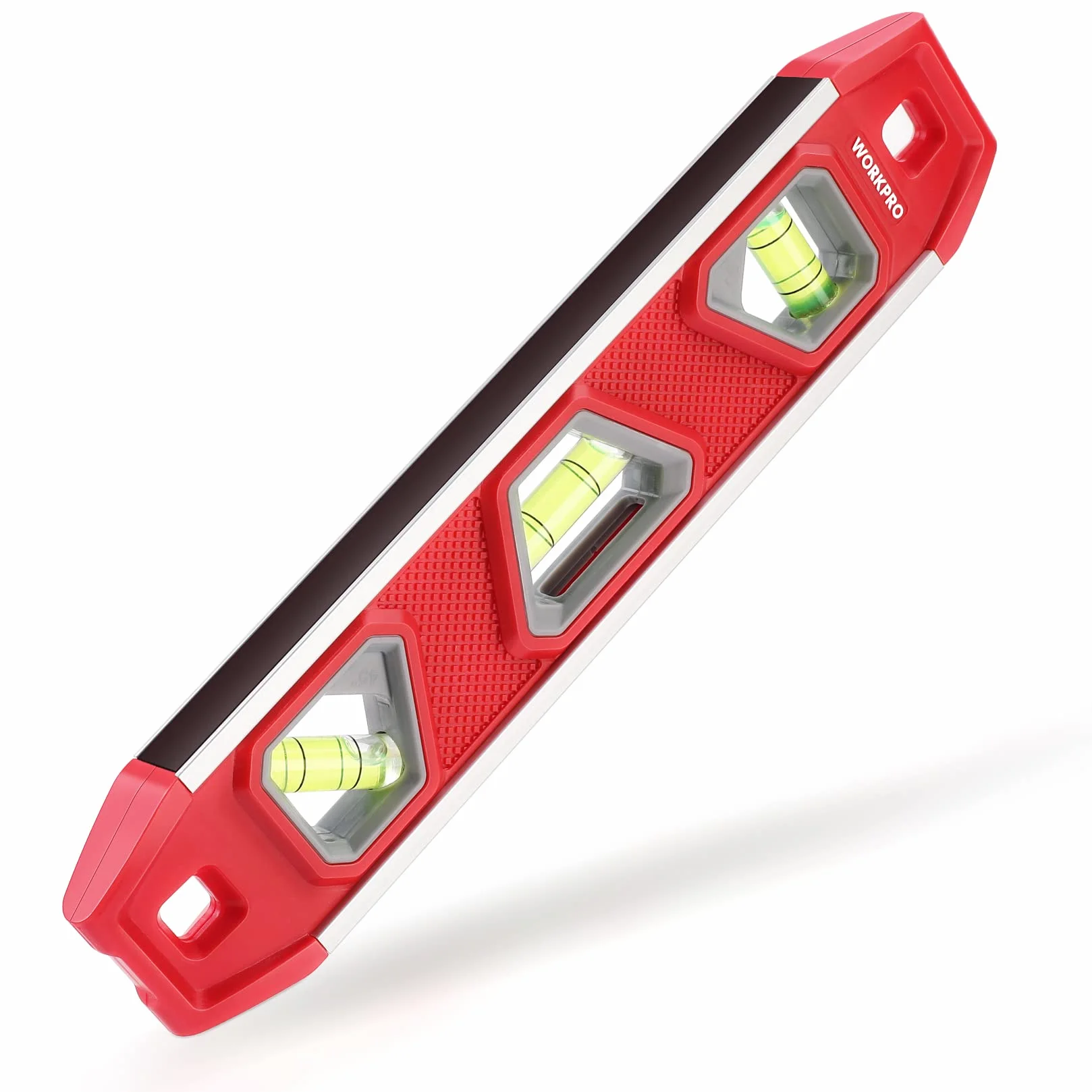WORKPRO Poziomica magnetyczna 23 cm, mała, 3 libelle 45°/90°/180°, odporna na uderzenia, aluminiowa rama, mocny magnes, czytelna od góry, dla profesjonalistów budowlanych