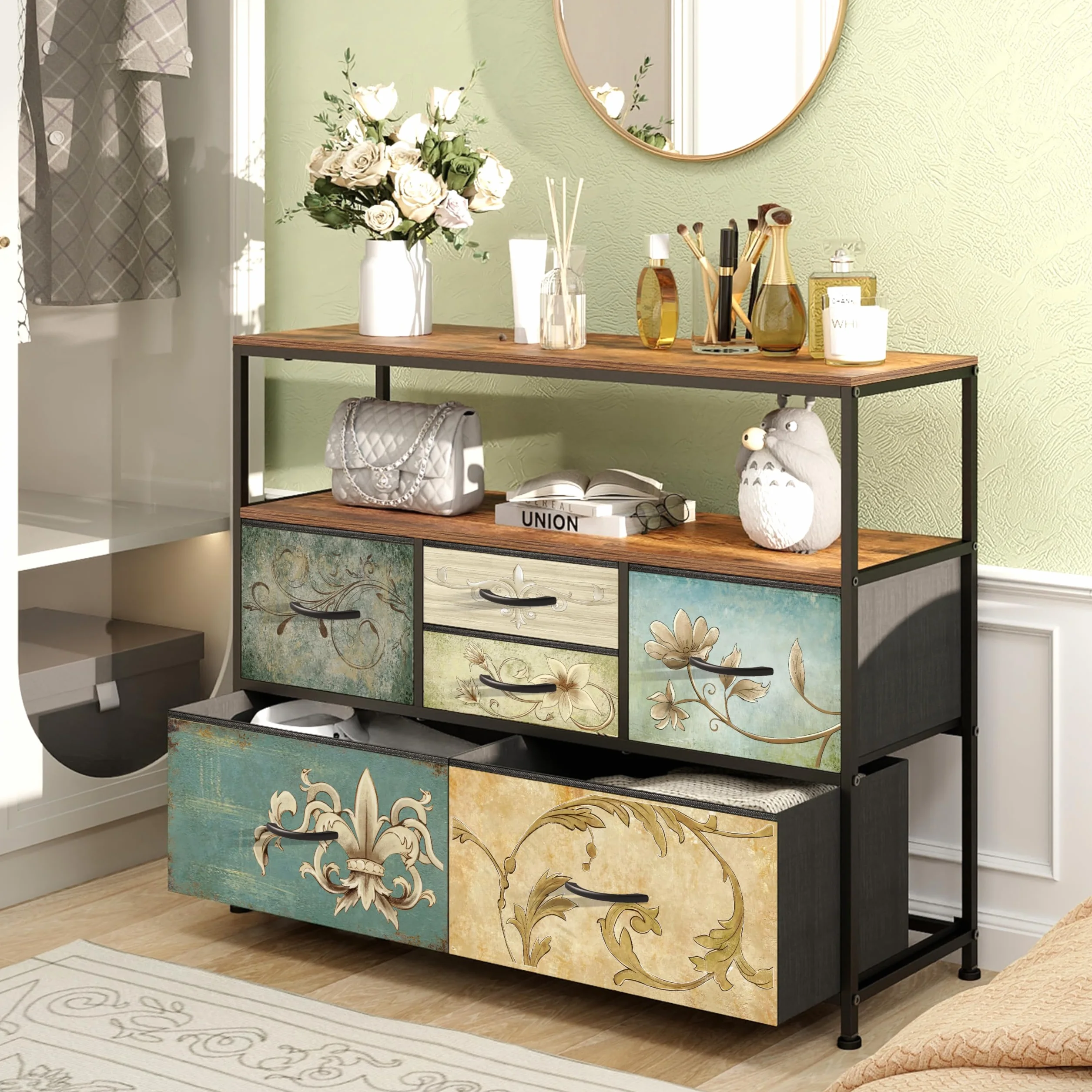 VEDECASA Komoda z 6 szufladami z materiału, styl boho, szafka pod telewizor, stojak do sypialni, komoda z drewnianym blatem, szufladami z materiału, metalowy stelaż do salonu, sypialni, korytarza