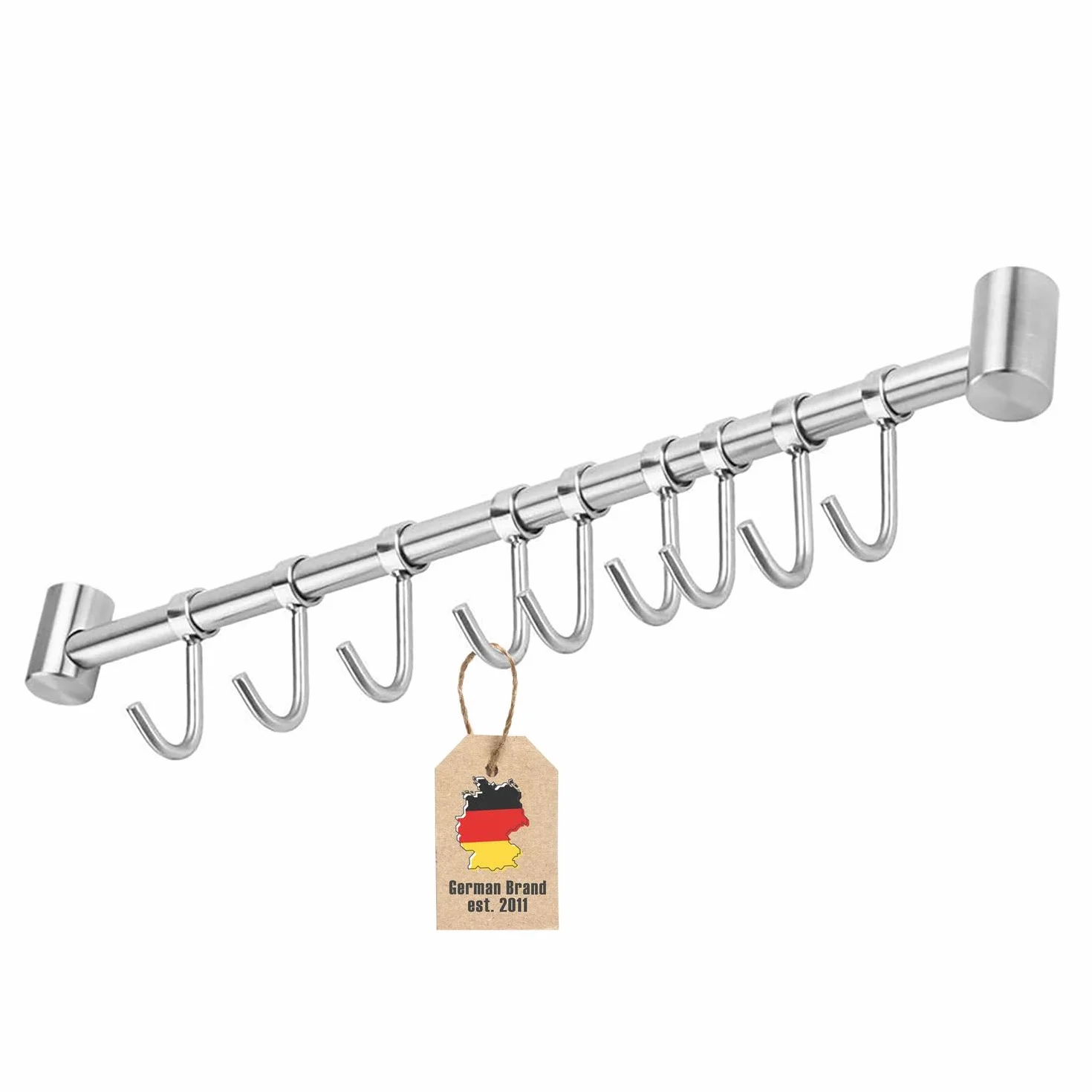Wiszący reling kuchenny Intirilife wykonany ze stali nierdzewnej z 9 ruchomymi haczykami do wiercenia - 49.8 x 3.4 x 2.2 cm - reling kuchenny haczyk reling drążek uchwyt na kubek uchwyt ścienny