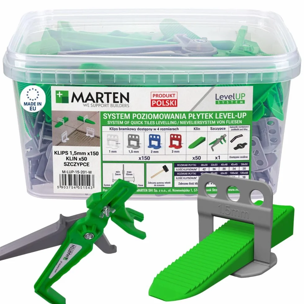 Marten Level UP | System poziomowania płytek Set 1mm, 1,5mm, 2mm, 3mm | Doskonałe wyniki dla podłóg i ścian | Grubość płytek 5-15 mm (ZESTAW 150 + 50 + 1, 1,5 MM)