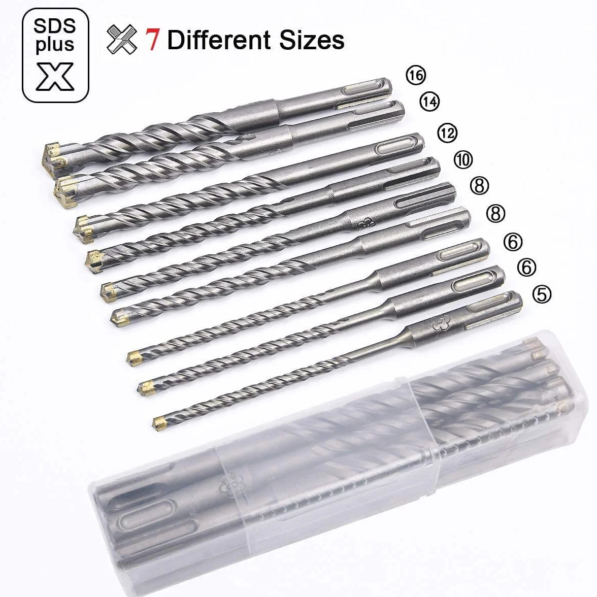 flintronic Zestaw wierteł SDS Plus, 9 wierteł do betonu, zestaw wierteł z 4 ostrzami, wiertło udarowe, wiertła do kamienia SDS, (5, 6, 6, 8, 8, 10, 12, 14, 16) x 160 mm, narzędzia do wiercenia w