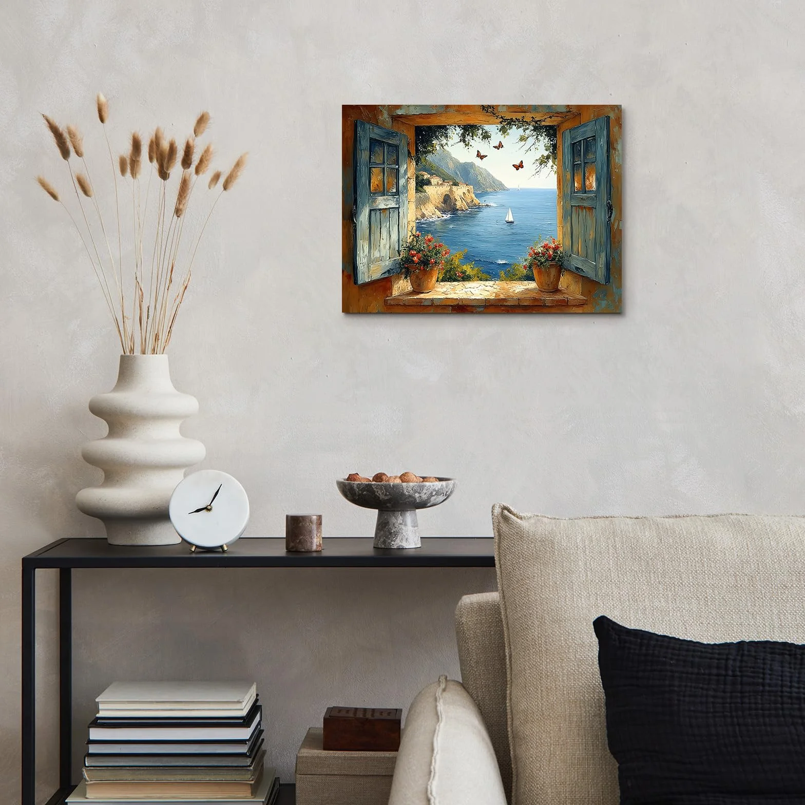 Alptiny Oprawiony obraz ścienny 30 x 40 cm, śródziemnomorski widok na okno, płótno do salonu, sypialni, kuchni, korytarza, wybrzeża, dekoracja z haczykami, gwoździami i magicznym mocowaniem na rzep