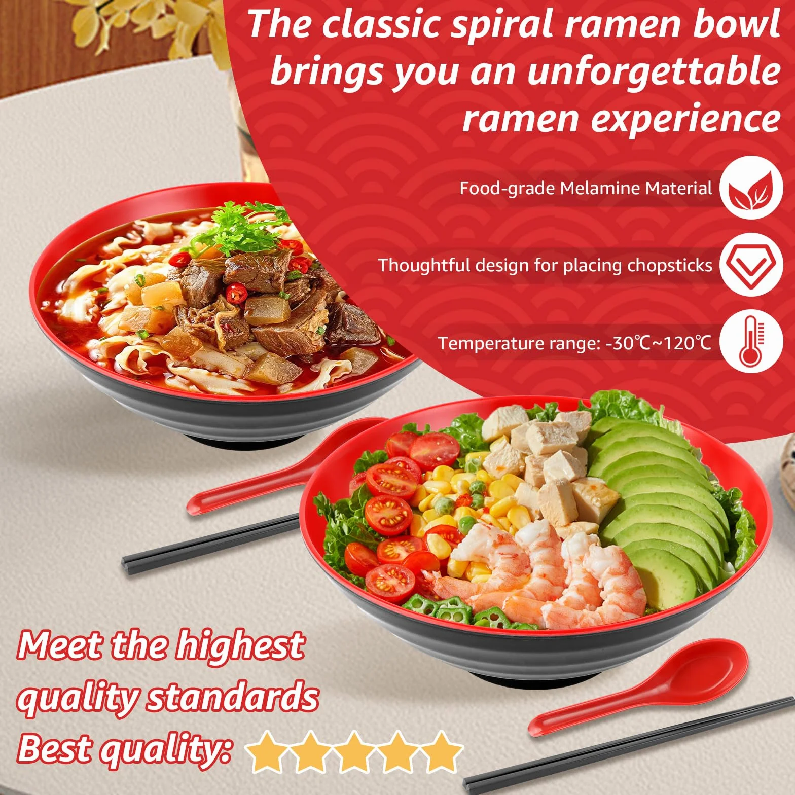 4-częściowy zestaw misek do ramenu, miska z łyżeczką i pałeczkami, miska do ramen 1000 ml, zestaw misek do ramenu Buldak, makaron udon, chiński makaron, ramen Nissin (czerwony)
