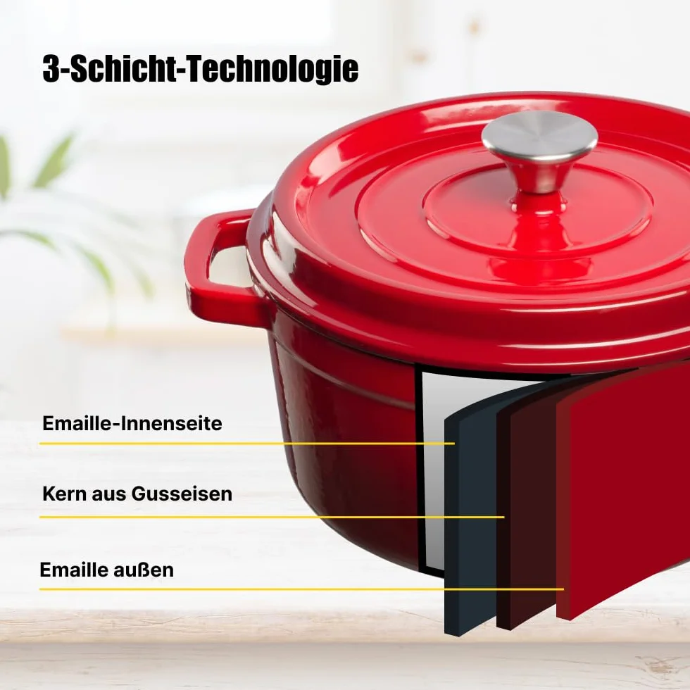 Emaliowany garnek żeliwny z pokrywką i szerokimi uchwytami - owalny holenderski piekarnik do sosów owsiankowych, zup - pojemność 5.6L, czerwony
