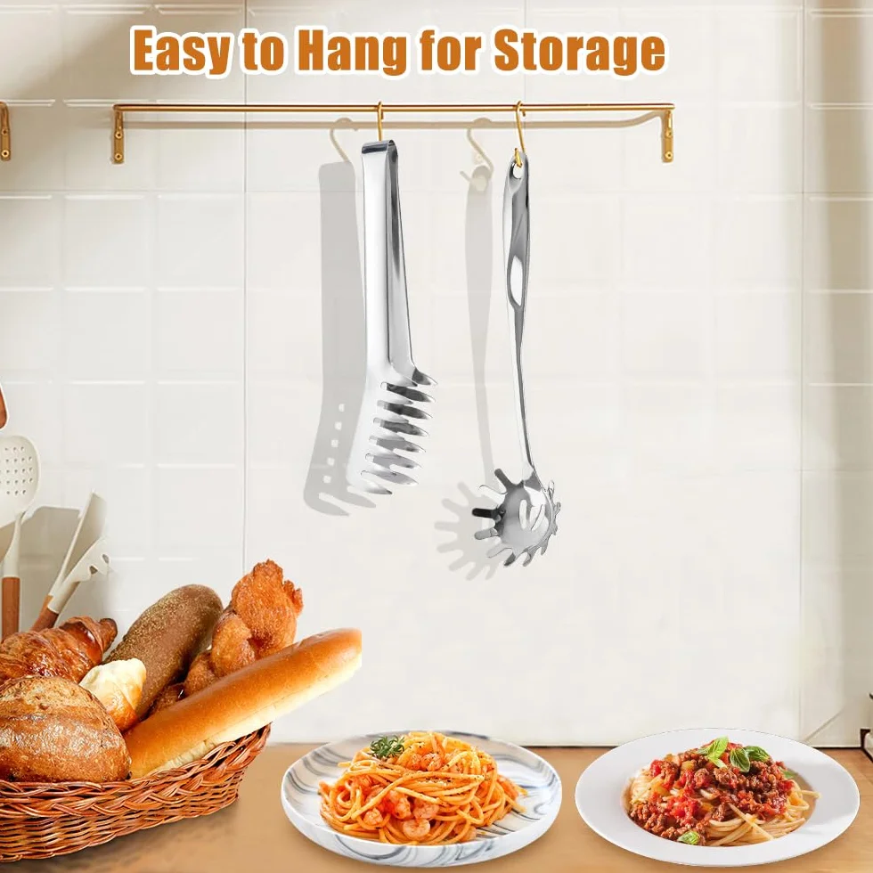 2 sztuki łyżek do spaghetti i szczypce do makaronu ze stali nierdzewnej z ząbkami i ergonomicznym uchwytem, łyżka do makaronu Hängba, nadaje się do mycia w zmywarce, łyżeczki do makaronu do pieczenia