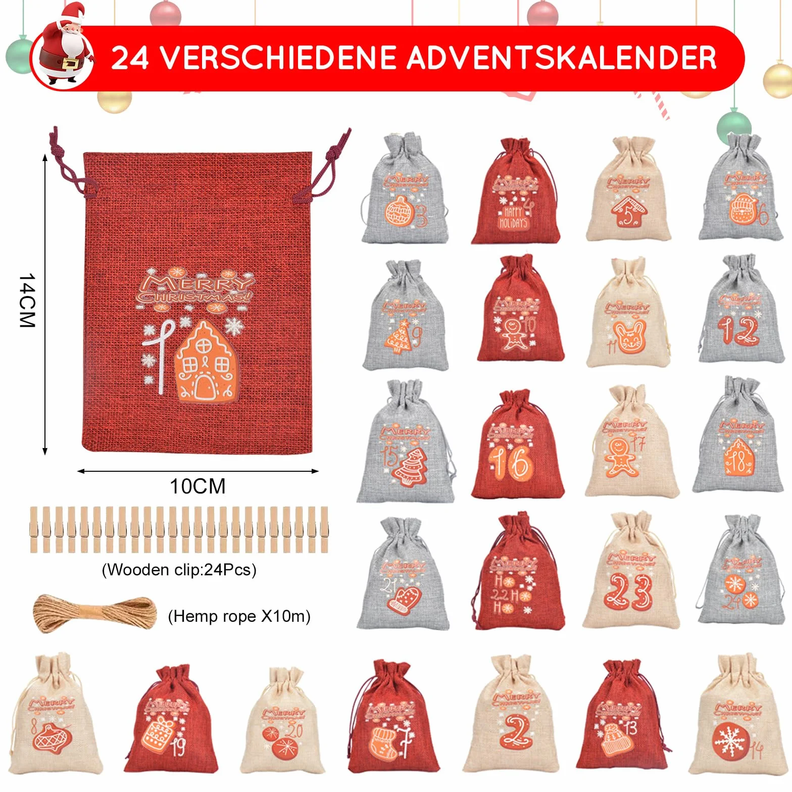 Gigmeta 24 Kalendarz adwentowy do wypełnienia, 14 x 10 cm woreczki ze sznurkiem Kalendarz adwentowy 2025, 24 motywy z spinaczami i sznurkiem