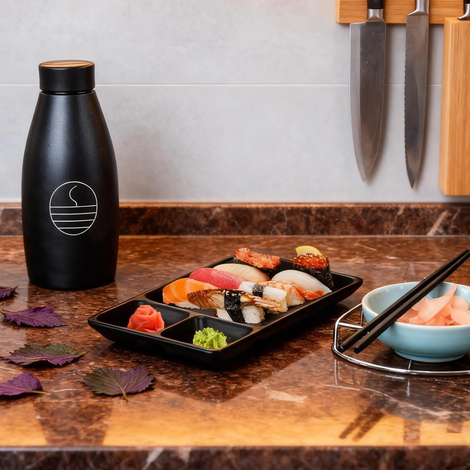 YAYODS 16-częściowy zestaw japońskich sushi czarny - japońskie naczynia z melaminy zawiera 4 pałeczki do sushi, 4 talerze do sushi (22 x 12,5 x 2,1 cm), 4 miseczki do dipów, 4 uchwyty na pałeczki