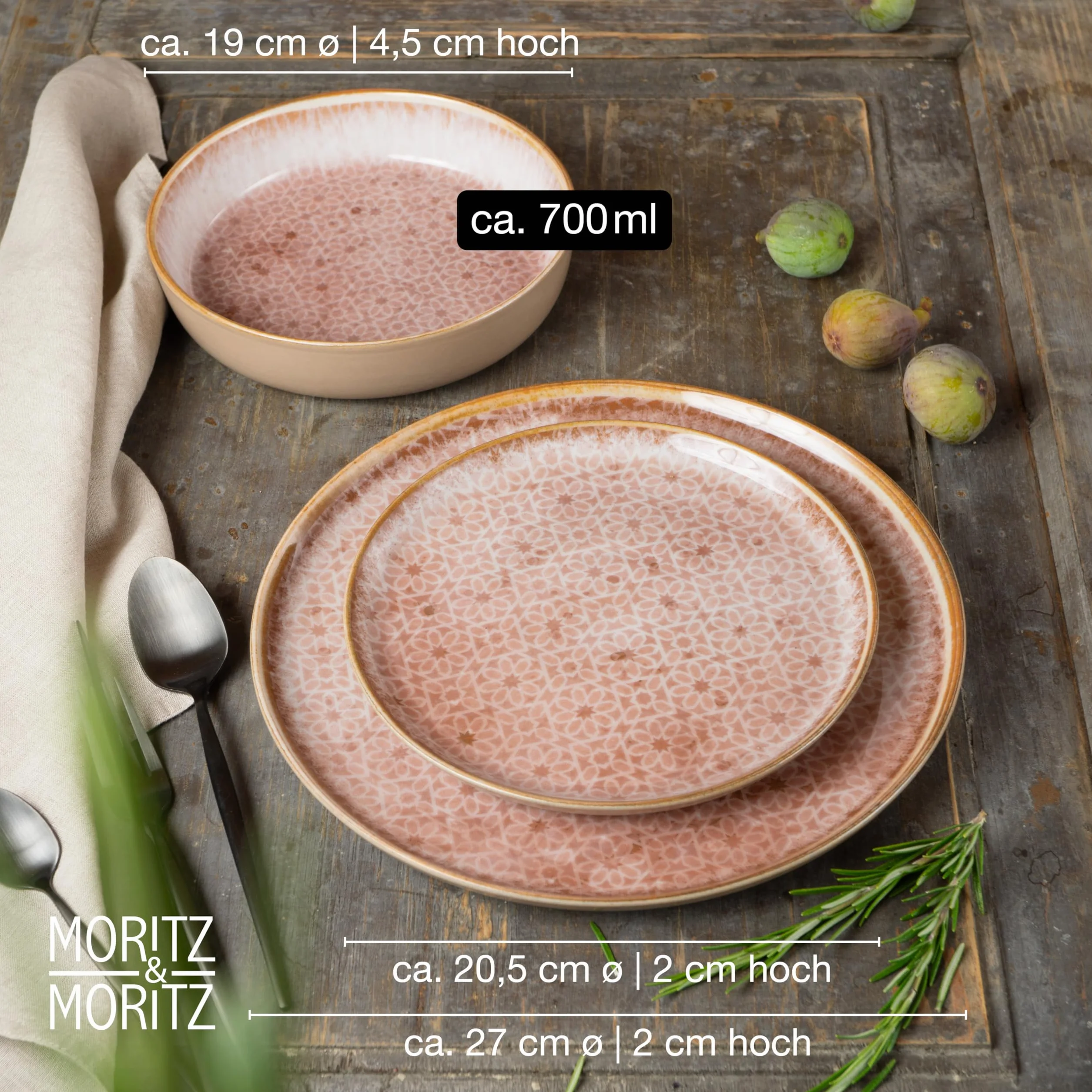 Moritz & Moritz TERRA 18-częściowy zestaw naczyń dla 6 osób – zestaw talerzy w delikatnym różowym kolorze z wysokiej jakości porcelany – zestaw naczyń dla 6 osób, każdy po 6 talerzy obiadowych,