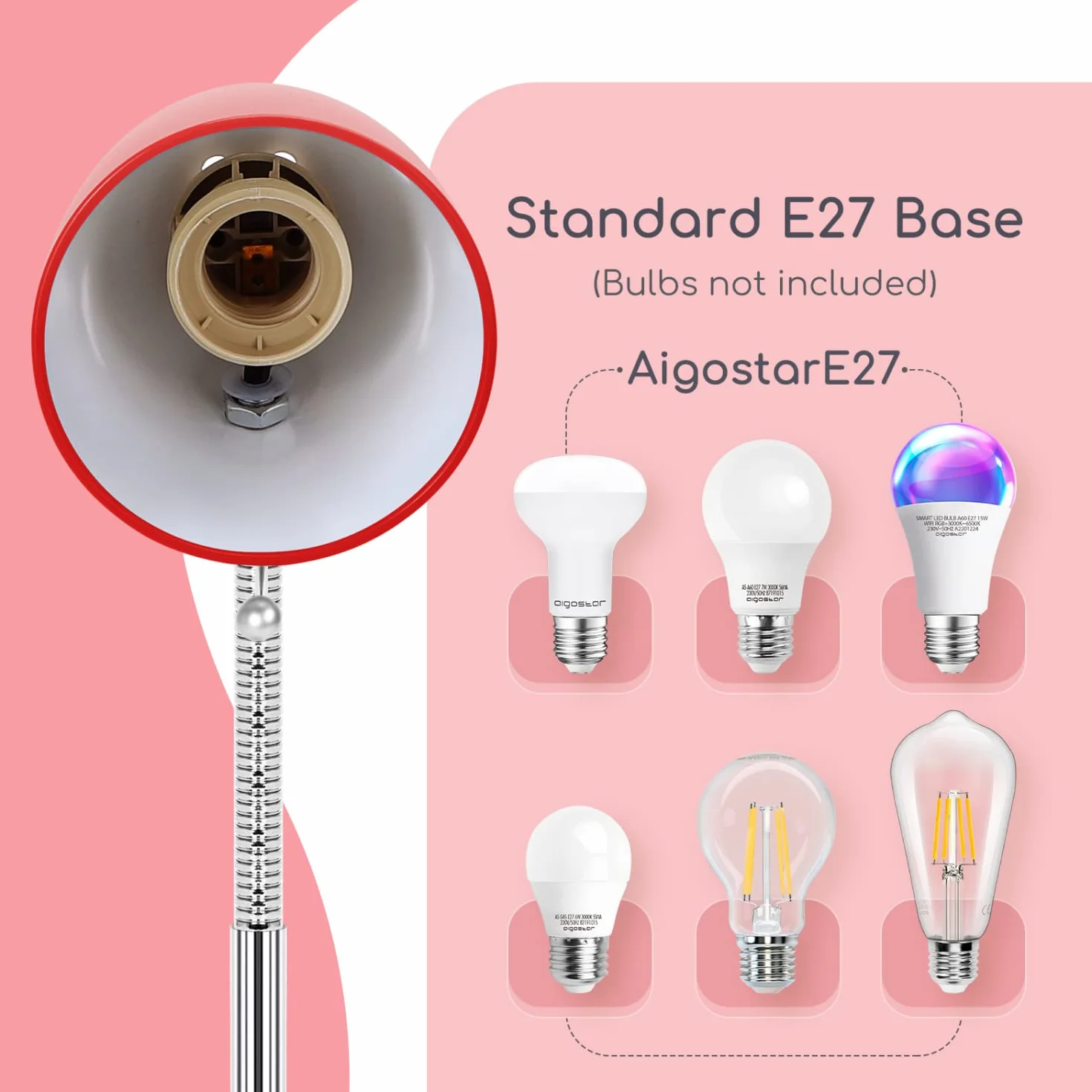 Aigostar Lampa Biurkowa Retro - Lampa Kreślarska na Żarówkę E27, Regulowana Lampka na Biurko do Nauki, Czytania i Pracy, dla Dzieci i Młodzieży, Biała (Bez Żarówki), Czerwony