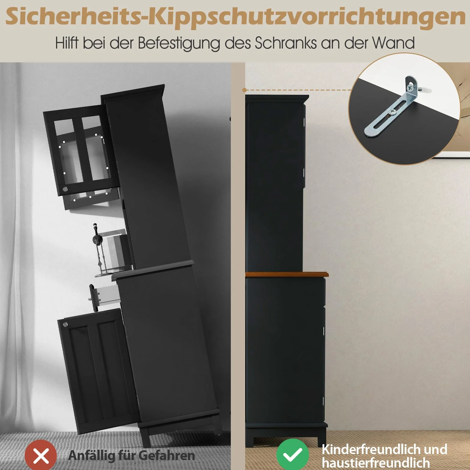 COSTWAYszafka kuchenna bufet z 3 szufladami, regałem na wino, otwartymi półkami i blatem roboczym, wysoka szafka bufetowa z regulowanymi półkami, 112 x 43 x 184,5 cm, czarna