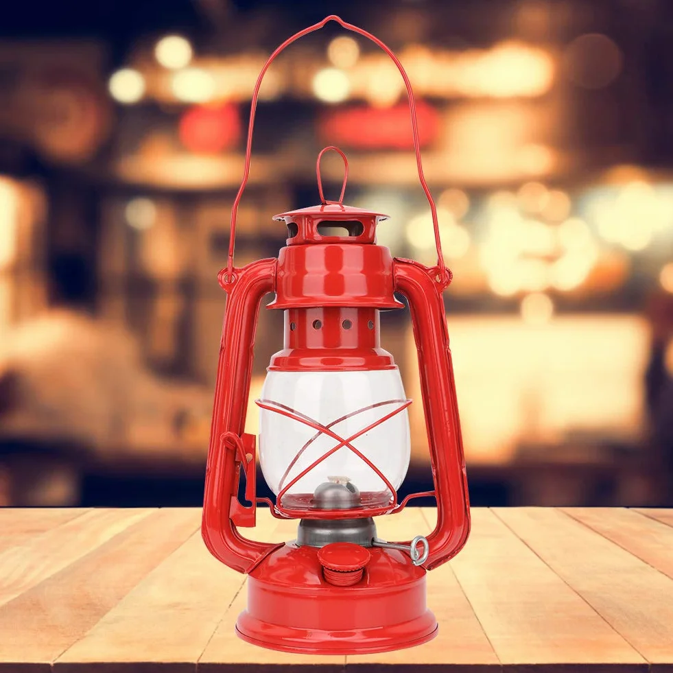Zabytkowa Lampa Naftowa, Retro Lampy Olejowe do Wnętrz i na Zewnątrz, Wisząca Latarnia Olejowa Lampa Naftowa na Kemping, Piesze Wycieczki z Plecakiem Impreza Pub(czerwony)