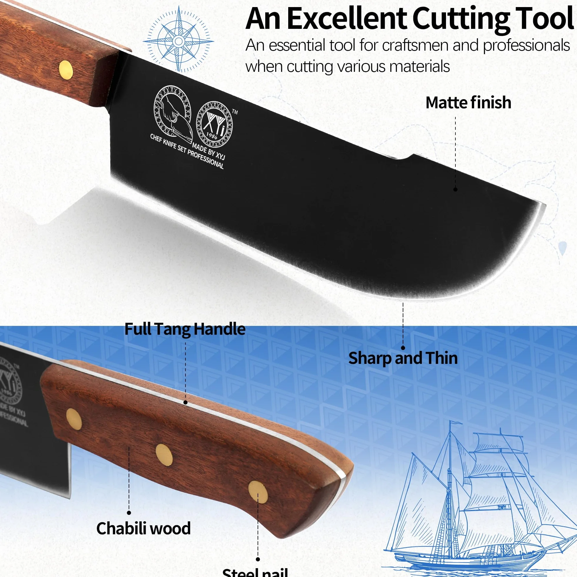 XYJ 8 Inch Slicing Knife With Sheath, Handmade Forged Kitchen Knife, Stainless Steel Blade, Full Tang, Meat Cleaver for Meat Cutting, Cooking Chefs Knife for Camping Outdoor BBQ for Women Men